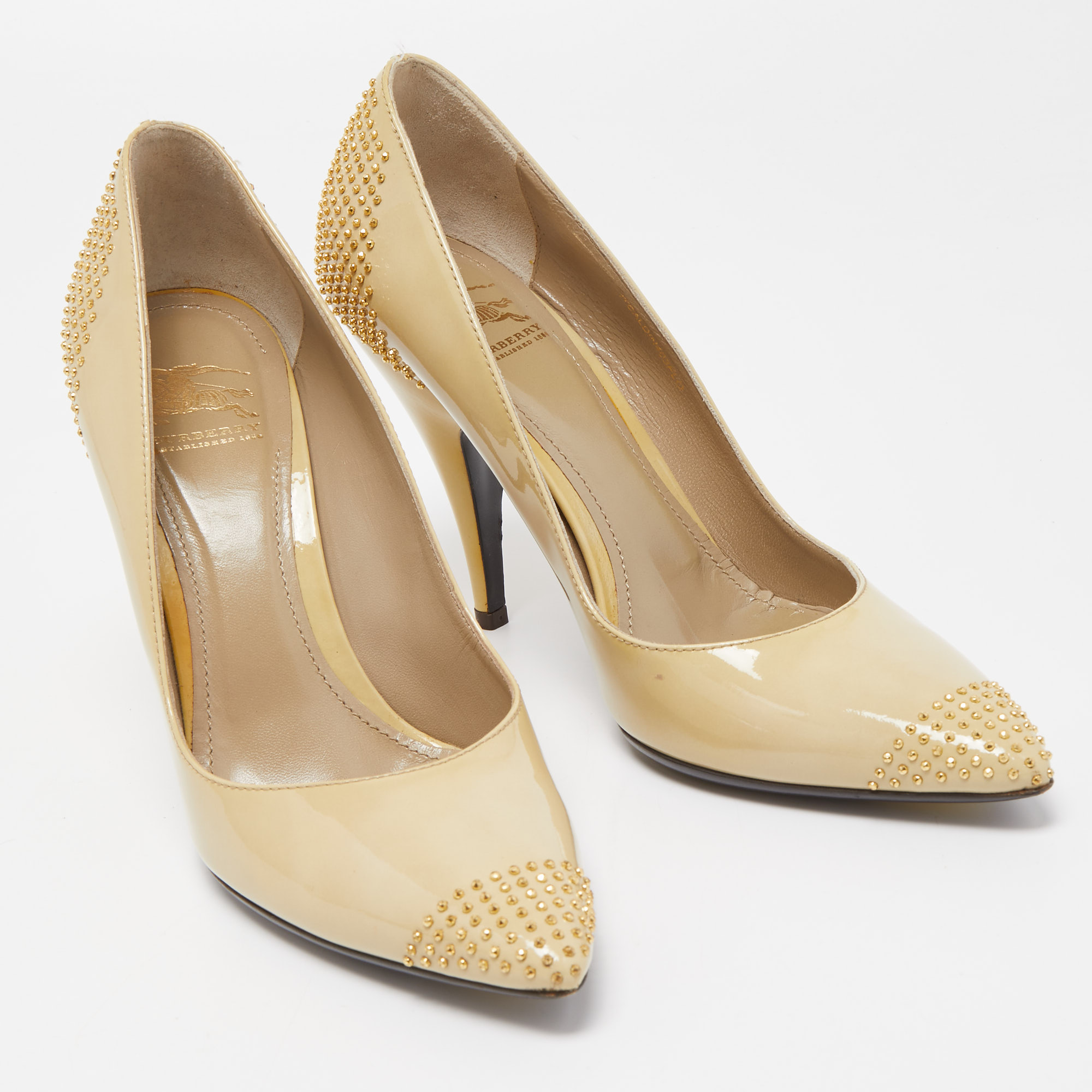 Burberry Beige Patent Leather Studded Pointed Toe Pumps Size 38