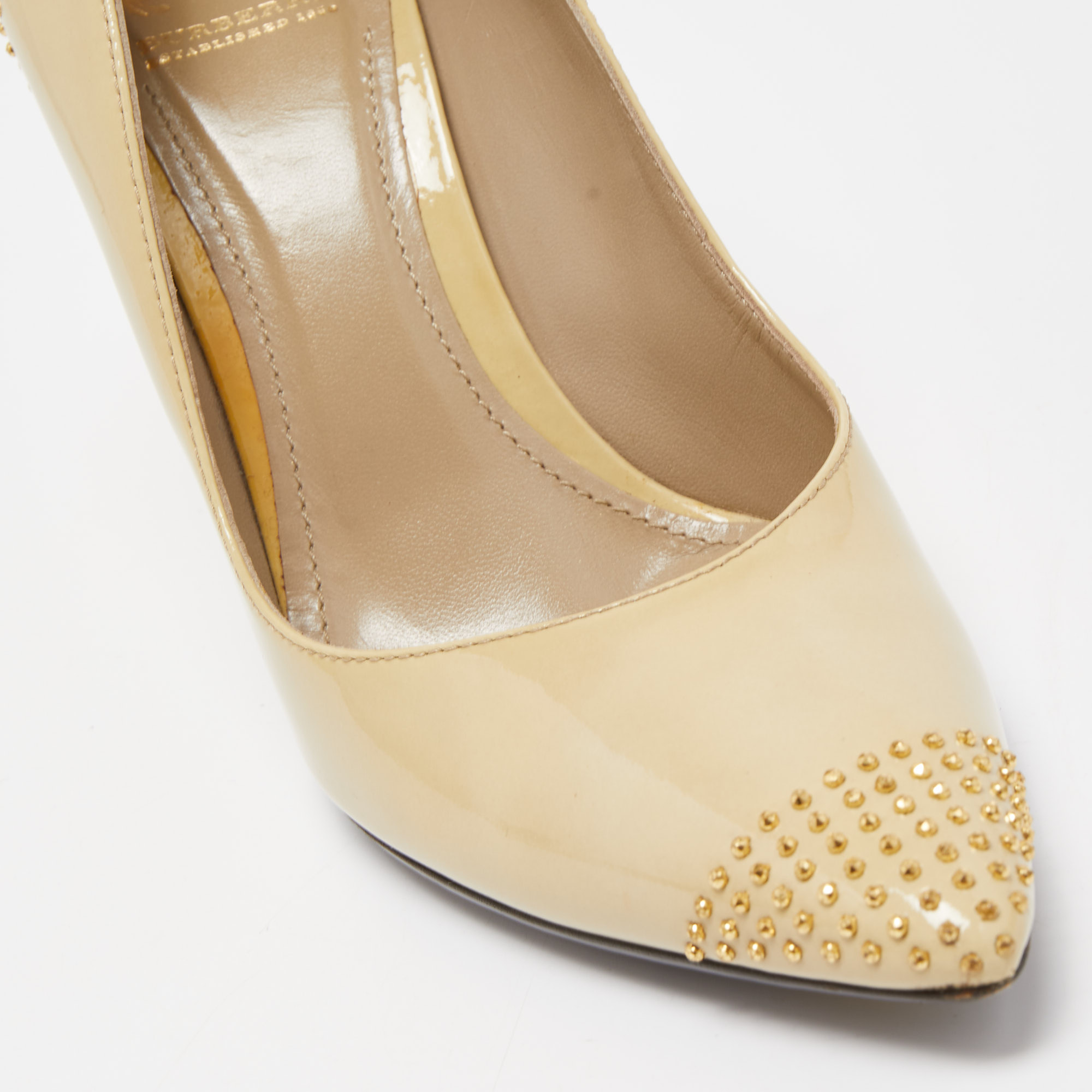 Burberry Beige Patent Leather Studded Pointed Toe Pumps Size 38