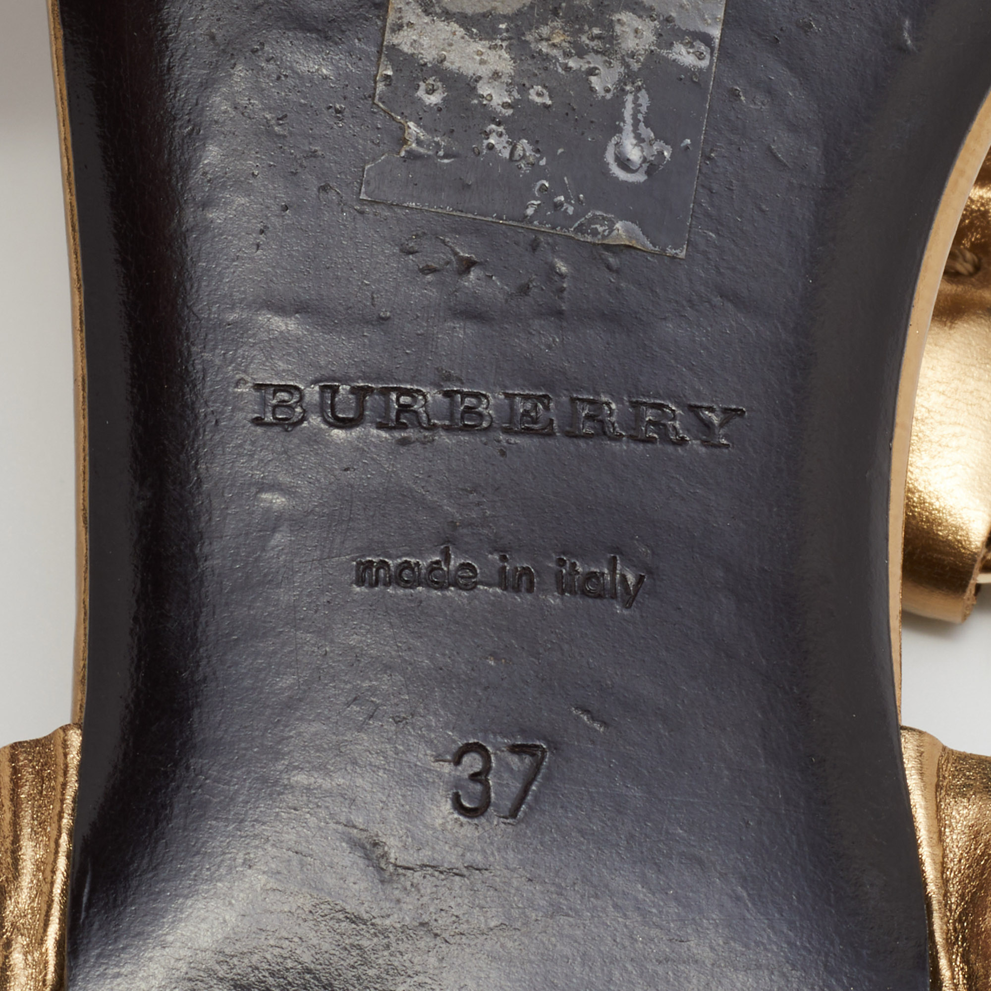 Burberry Gold Leather T Strap Flat Sandals Size 37