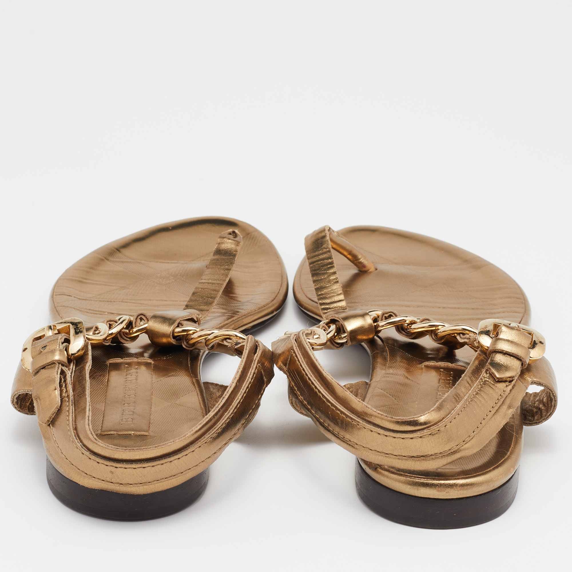 Burberry Gold Leather T Strap Flat Sandals Size 37