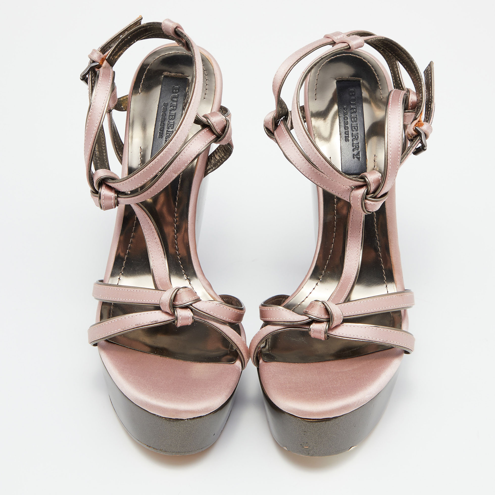 Burberry Pink Satin Ankle Wrap Wedge Sandals Size 40
