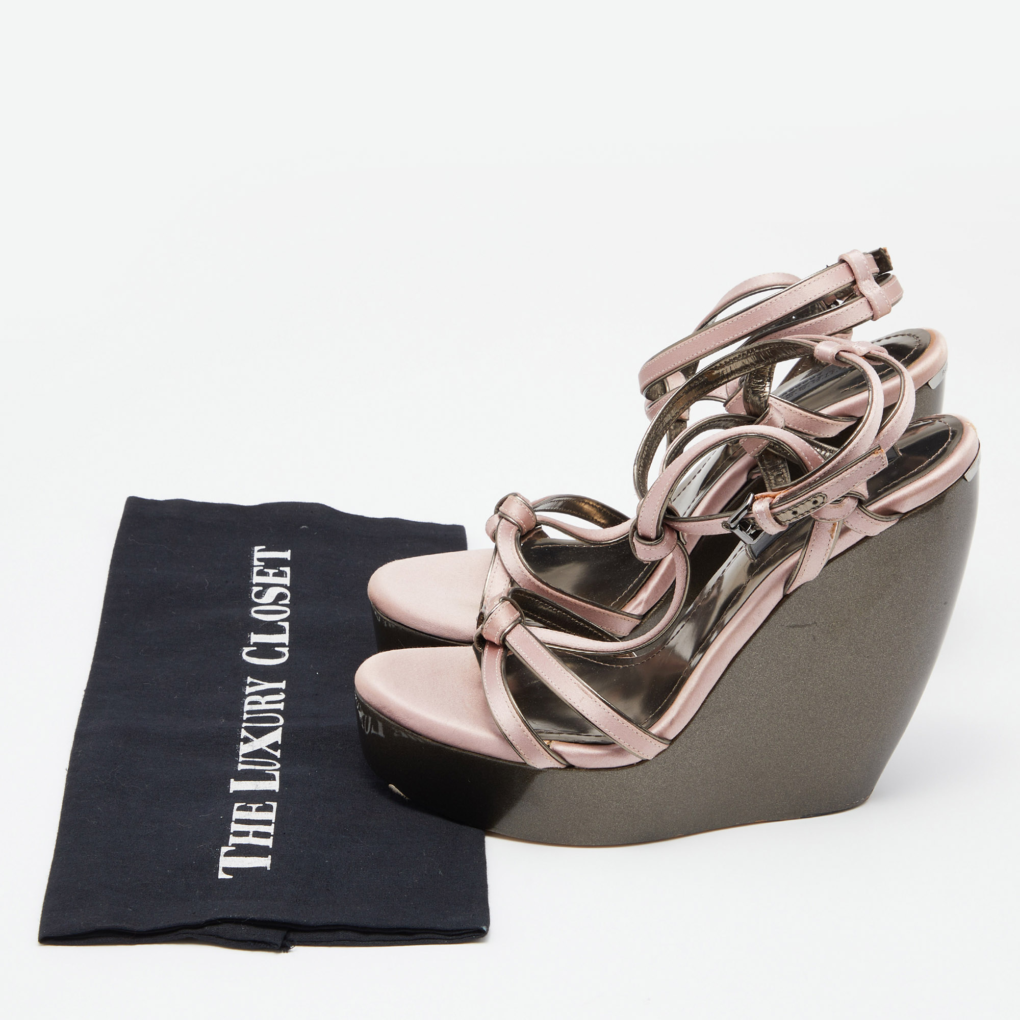 Burberry Pink Satin Ankle Wrap Wedge Sandals Size 40