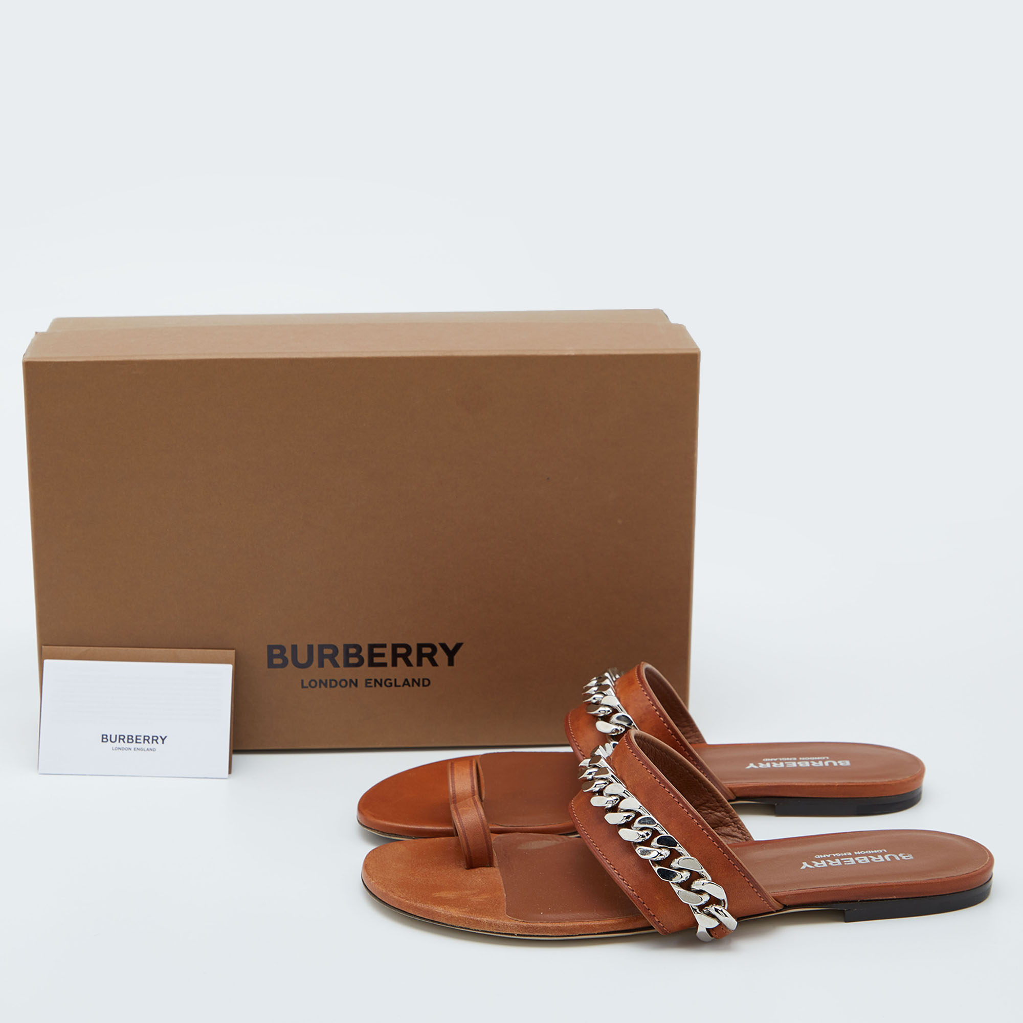 Burberry Brown Leather Heidi Toe Ring Flats Slides Size 37