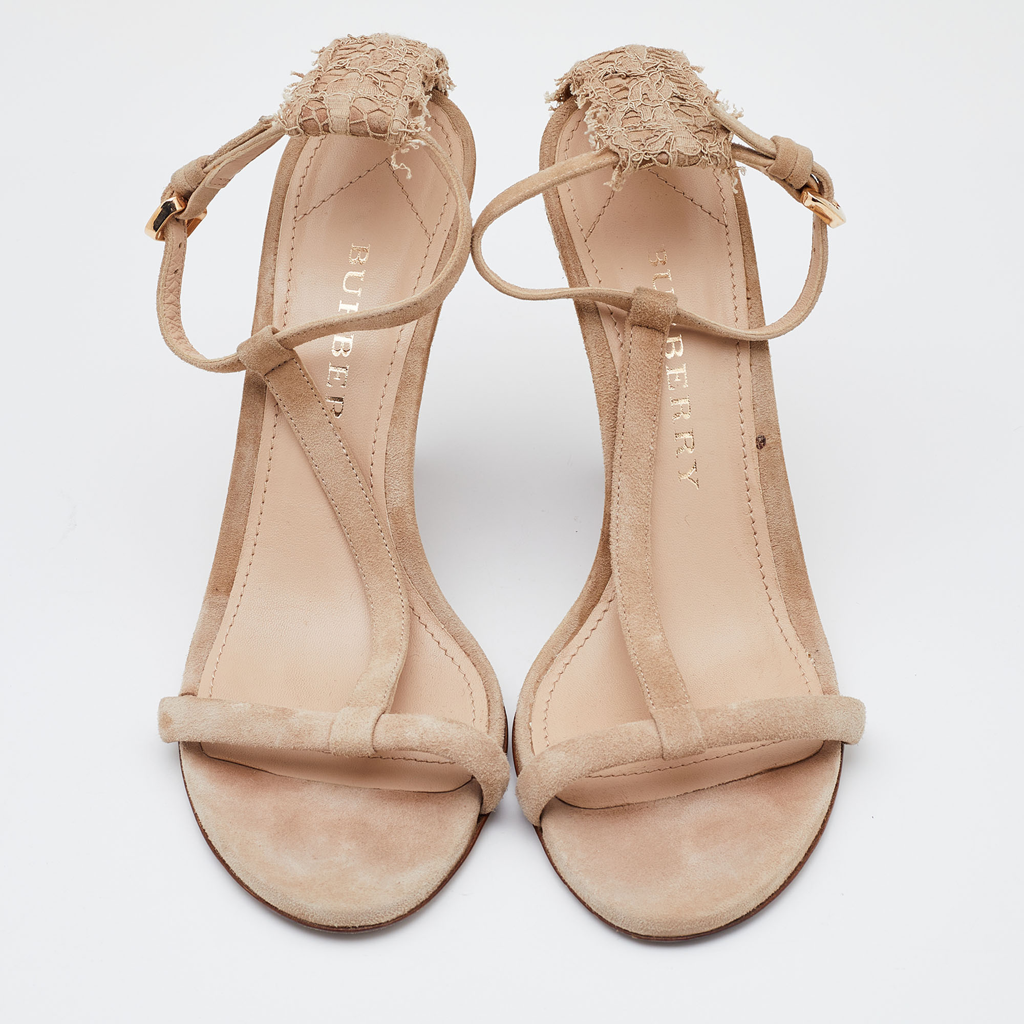 Burberry Beige Suede And Lace T Strap Wedge Sandals Size 38