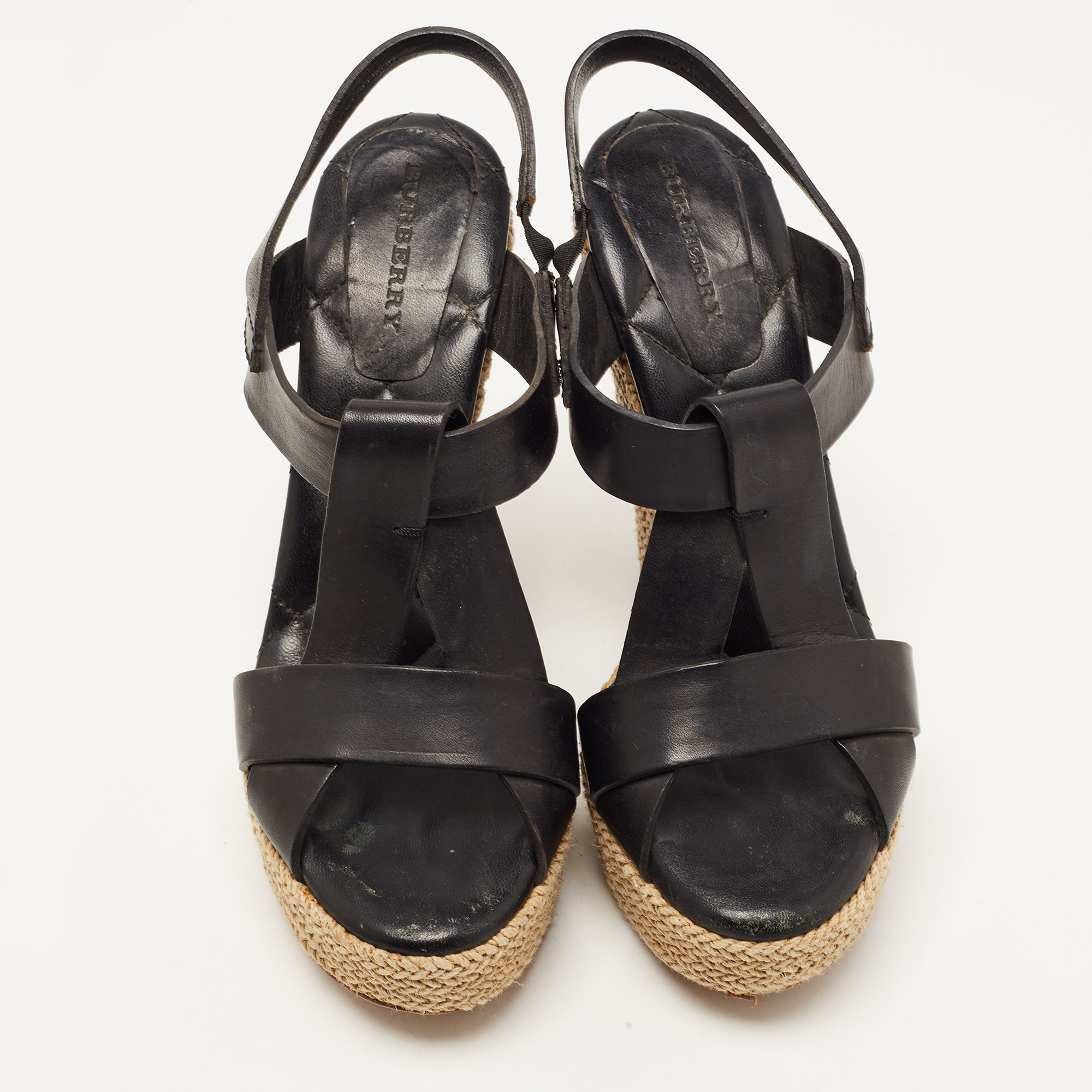 Burberry Black Leather Espadrille Wedge Strappy Sandals Size 39