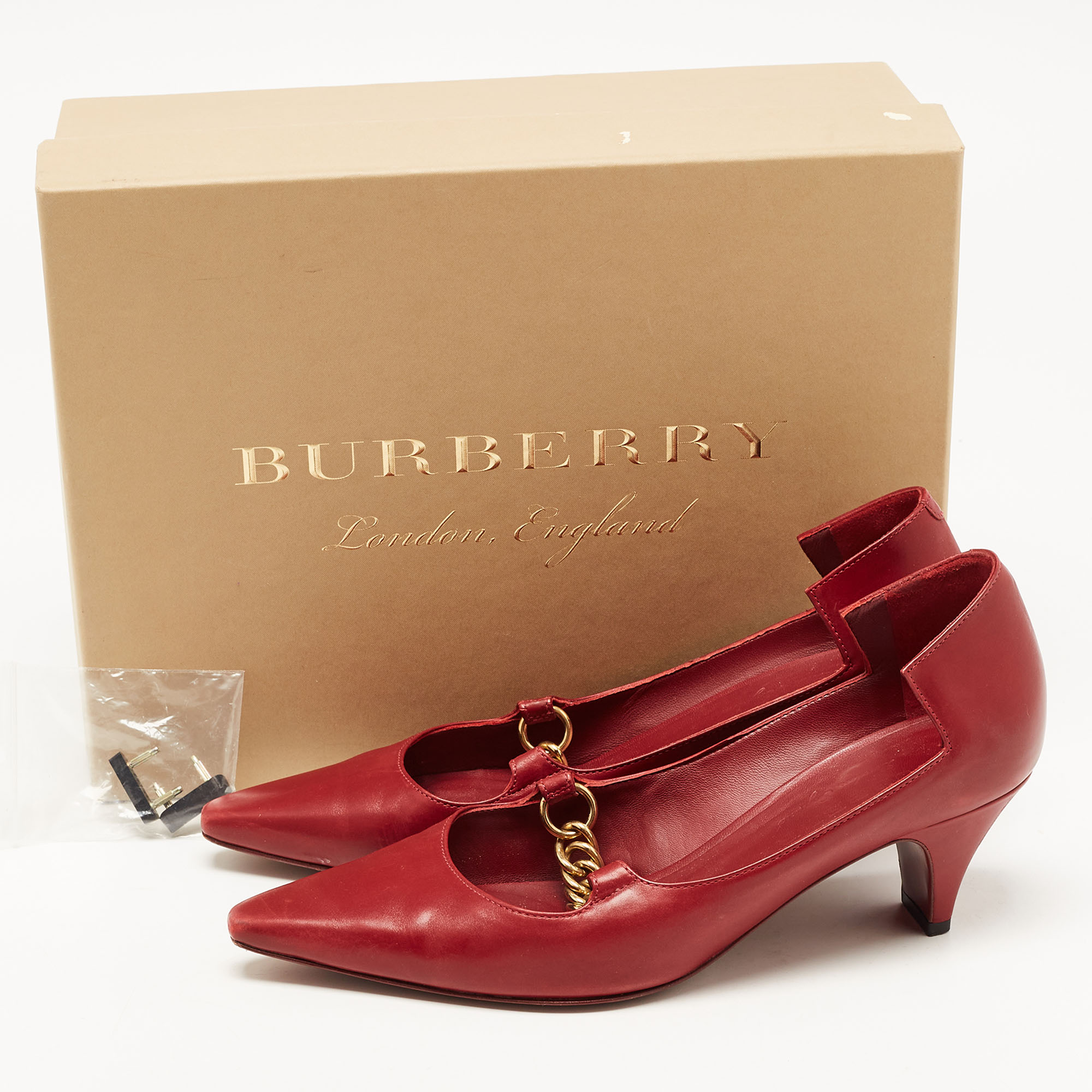 Burberry Red Leather Chain Embellished Pumps Size 38