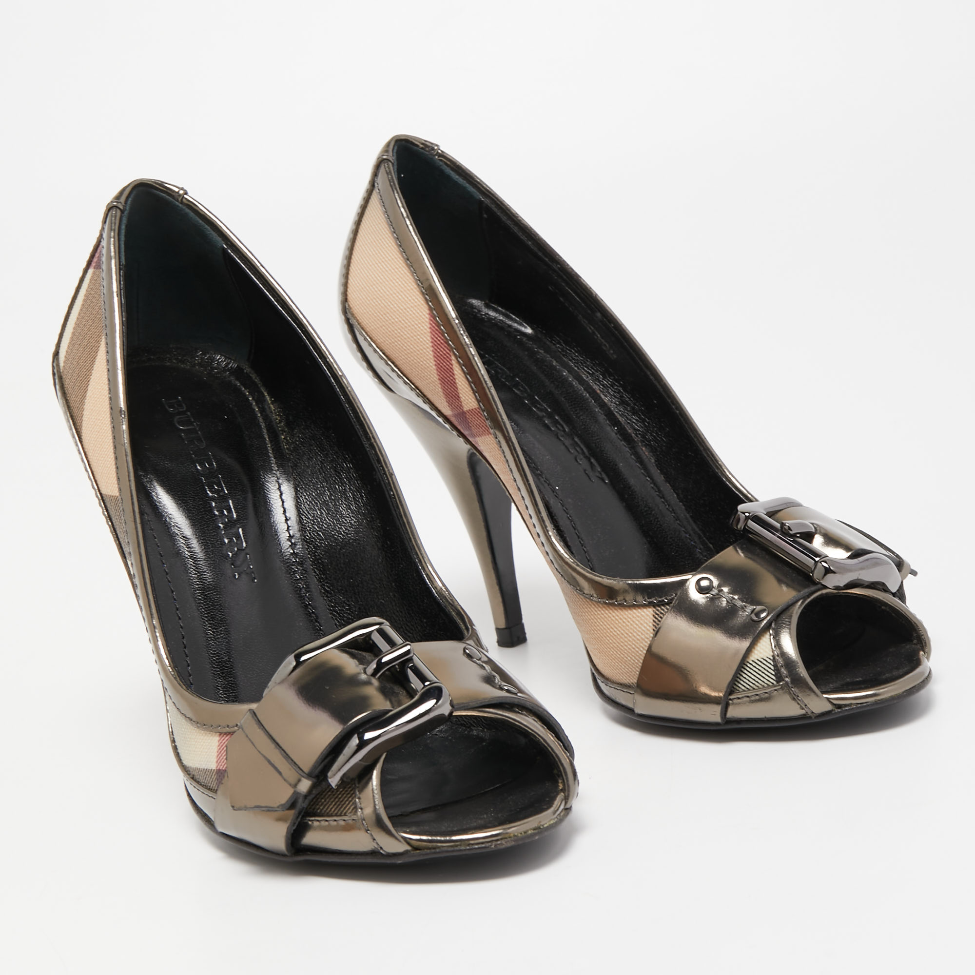 Burberry Metallic Grey  Leather And House Check Canvas Buckle Peep Toe Pumps Size 36