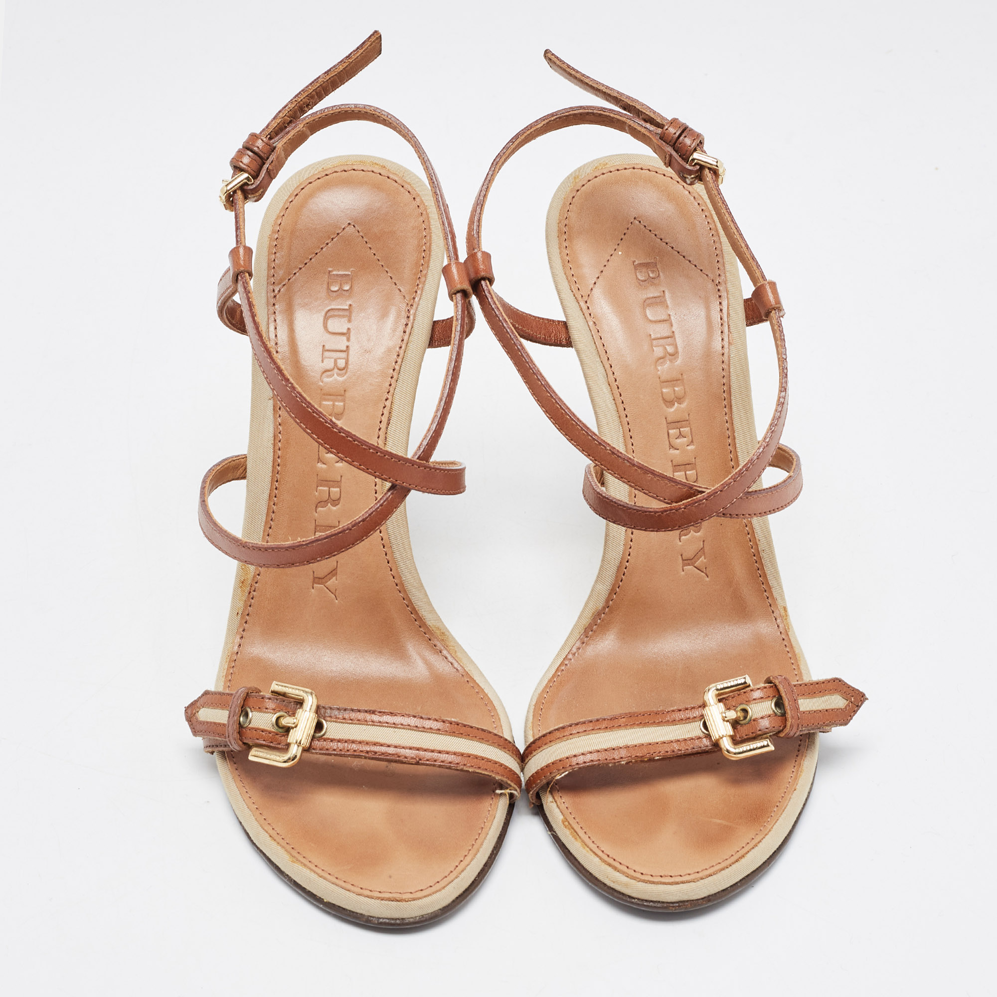 Burberry Brown Leather And Fabric Ankle Strap Wedge Sandals Size 39