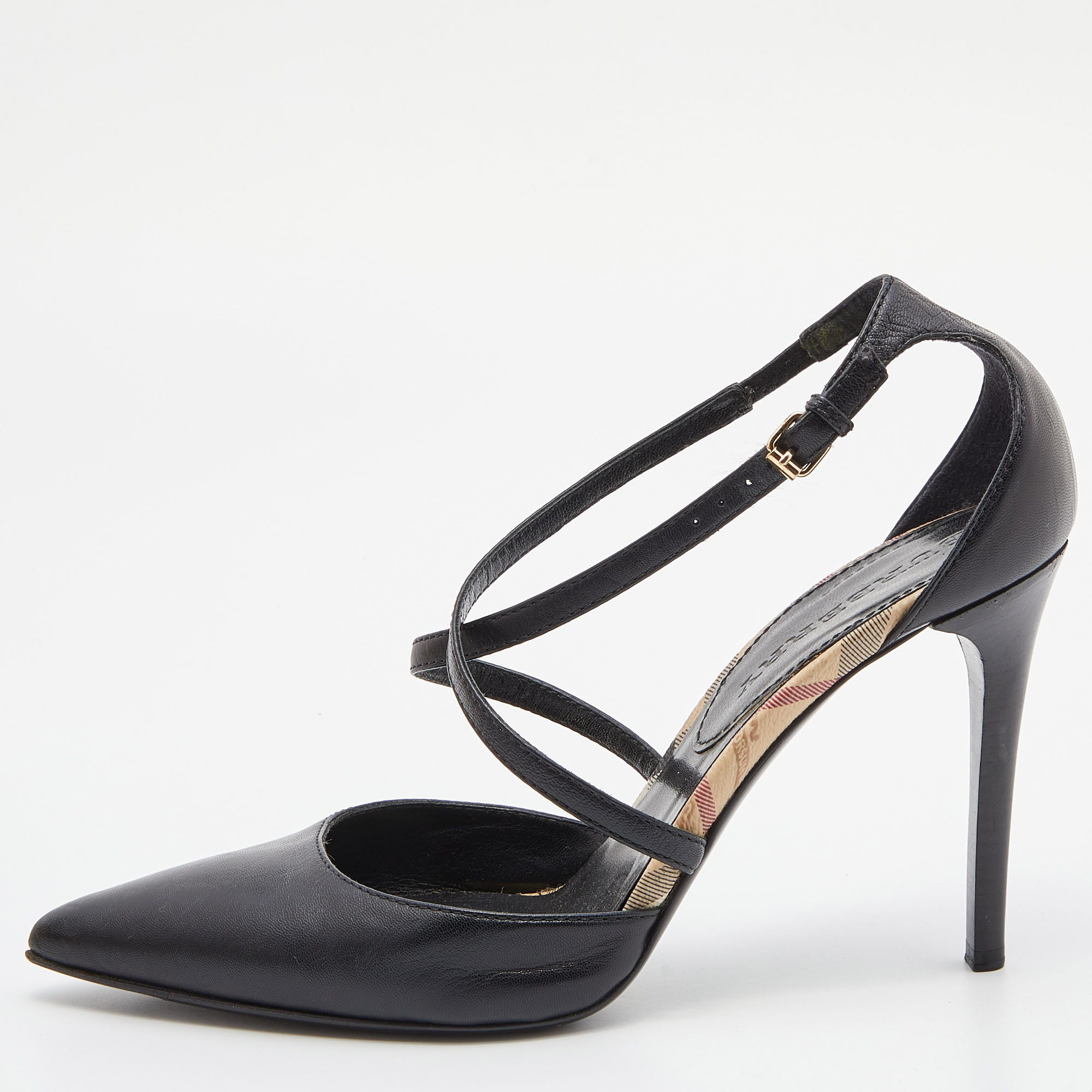 Burberry Black Leather Pointed Toe Ankle Strap Pumps Size 40