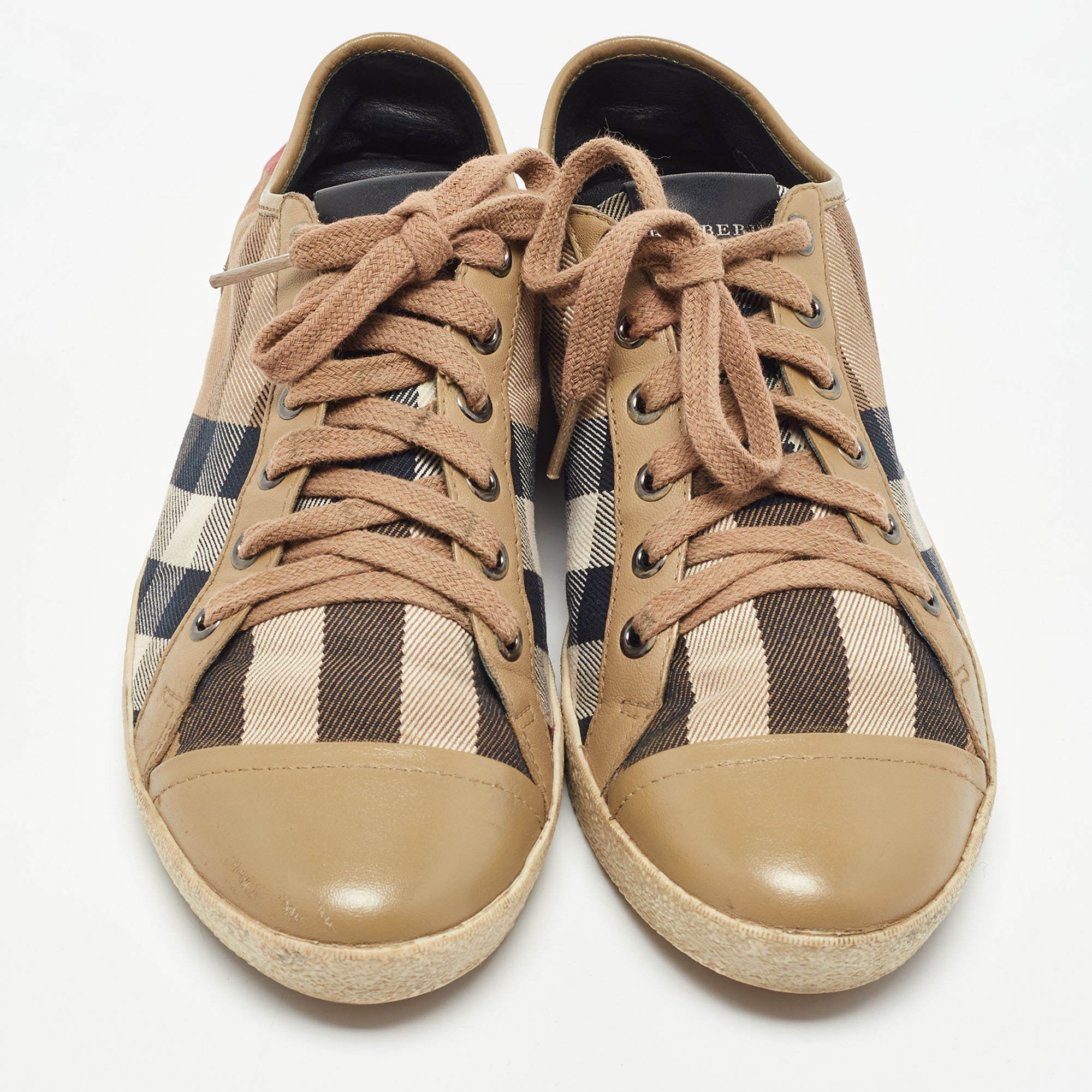 Burberry Brown Leather And Nova Check Canvas Low Top Sneakers Size 38