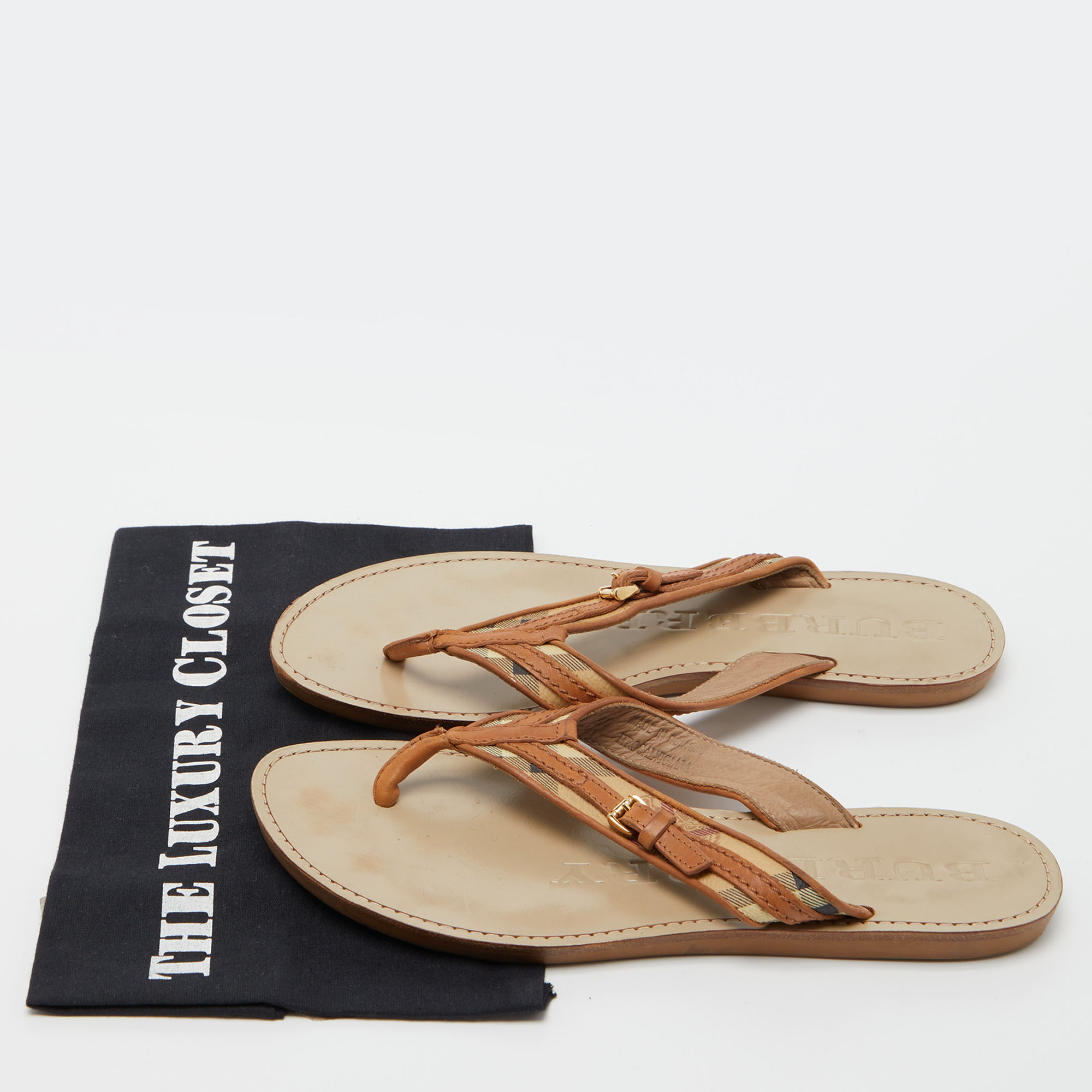 Burberry Brown/Beige Leather And Check Canvas Thong Flats Size 39