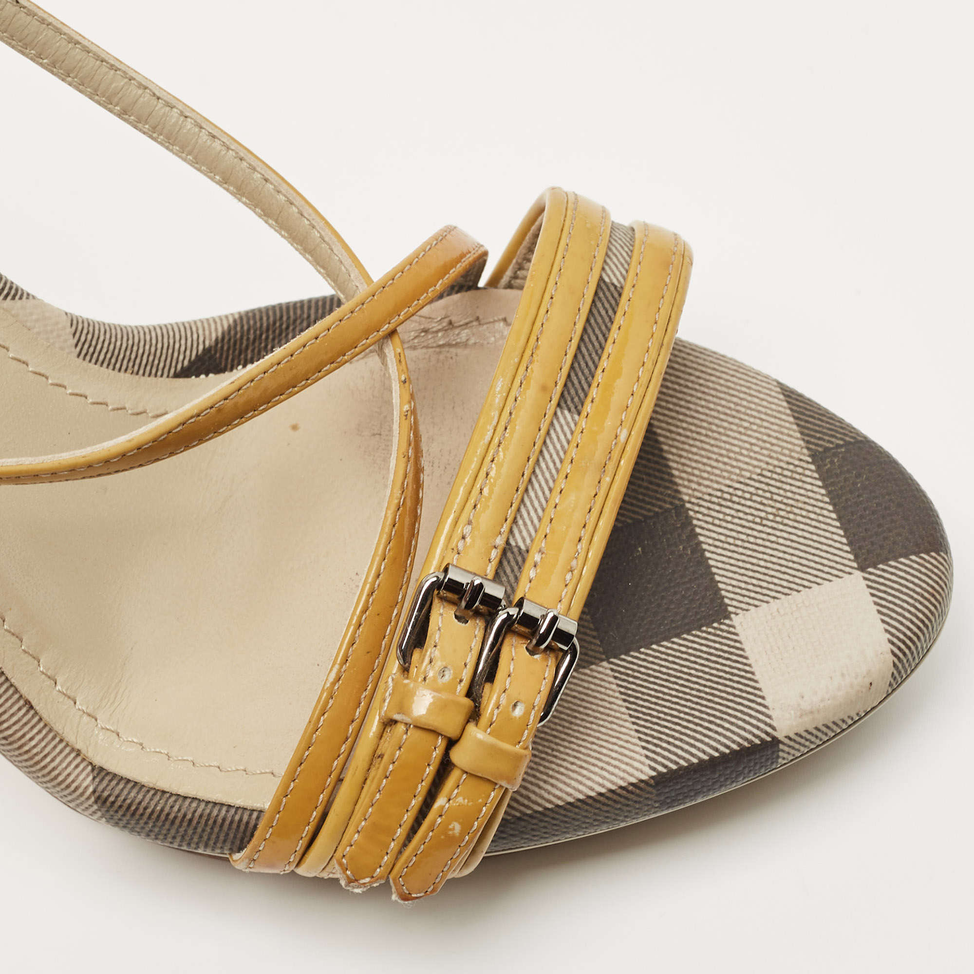 Burberry Yellow/Grey Nova Check Canvas And Patent  Leather Cross Strap Sandals Size 38
