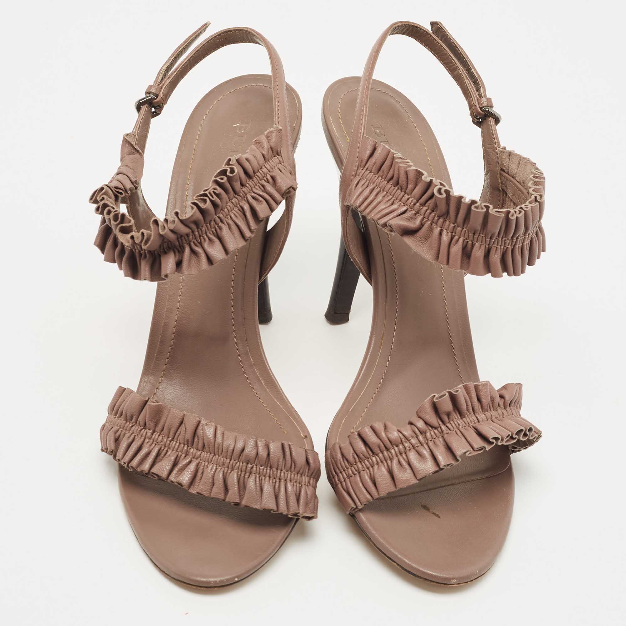 Burberry Brown Leather Ruffle Ankle Strap Sandals Size 39