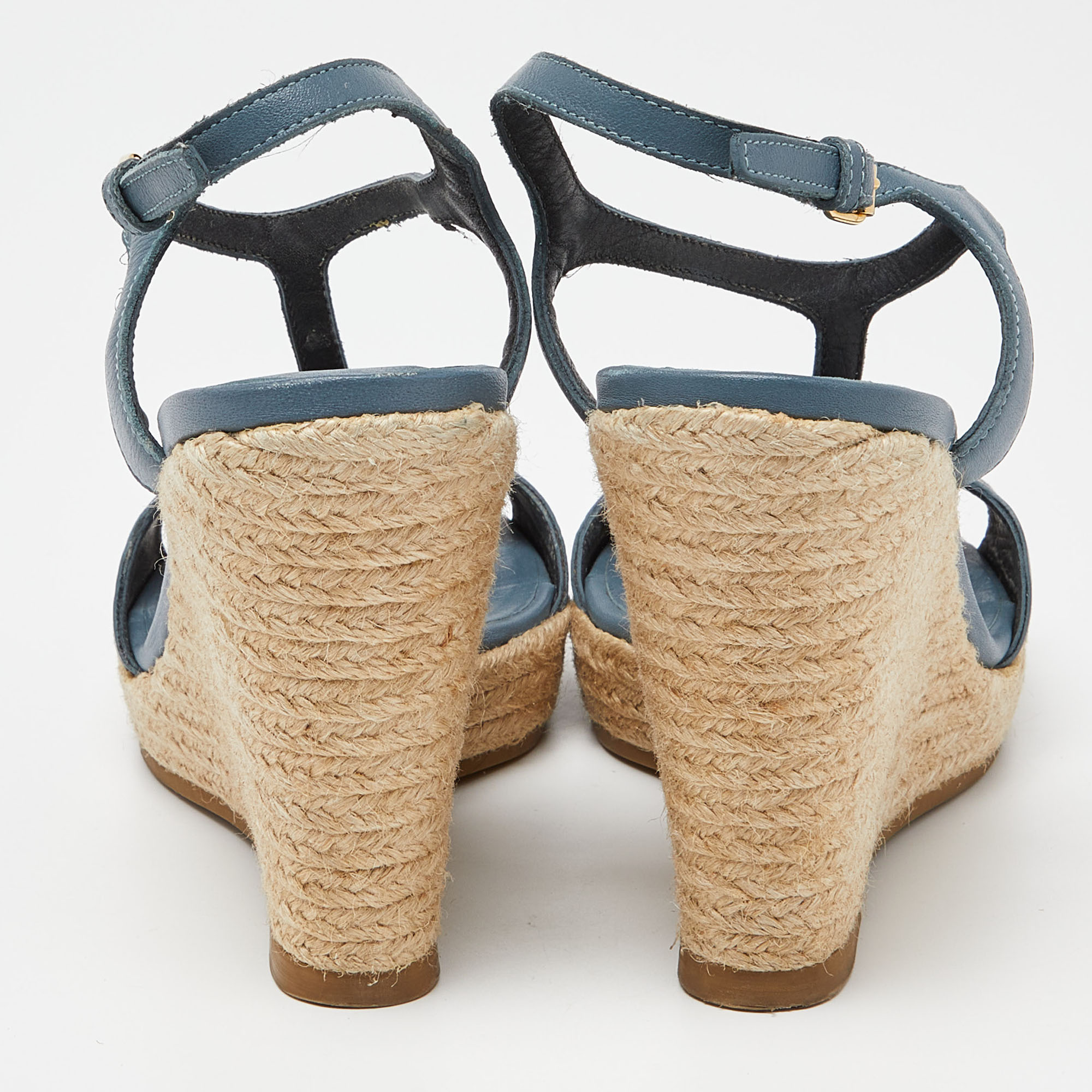Burberry Blue/Brown Leather And House Check Canvas Espadrille Wedge Ankle Strap Sandals Size 38