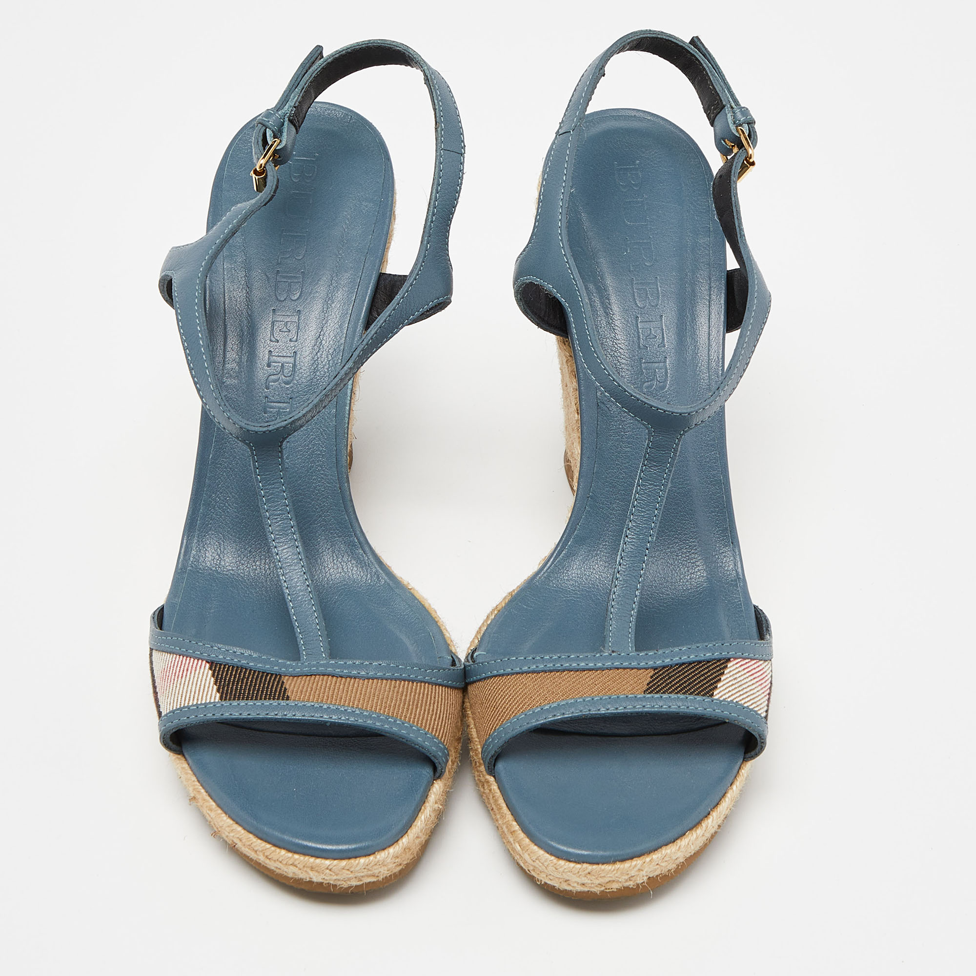 Burberry Blue/Brown Leather And House Check Canvas Espadrille Wedge Ankle Strap Sandals Size 38