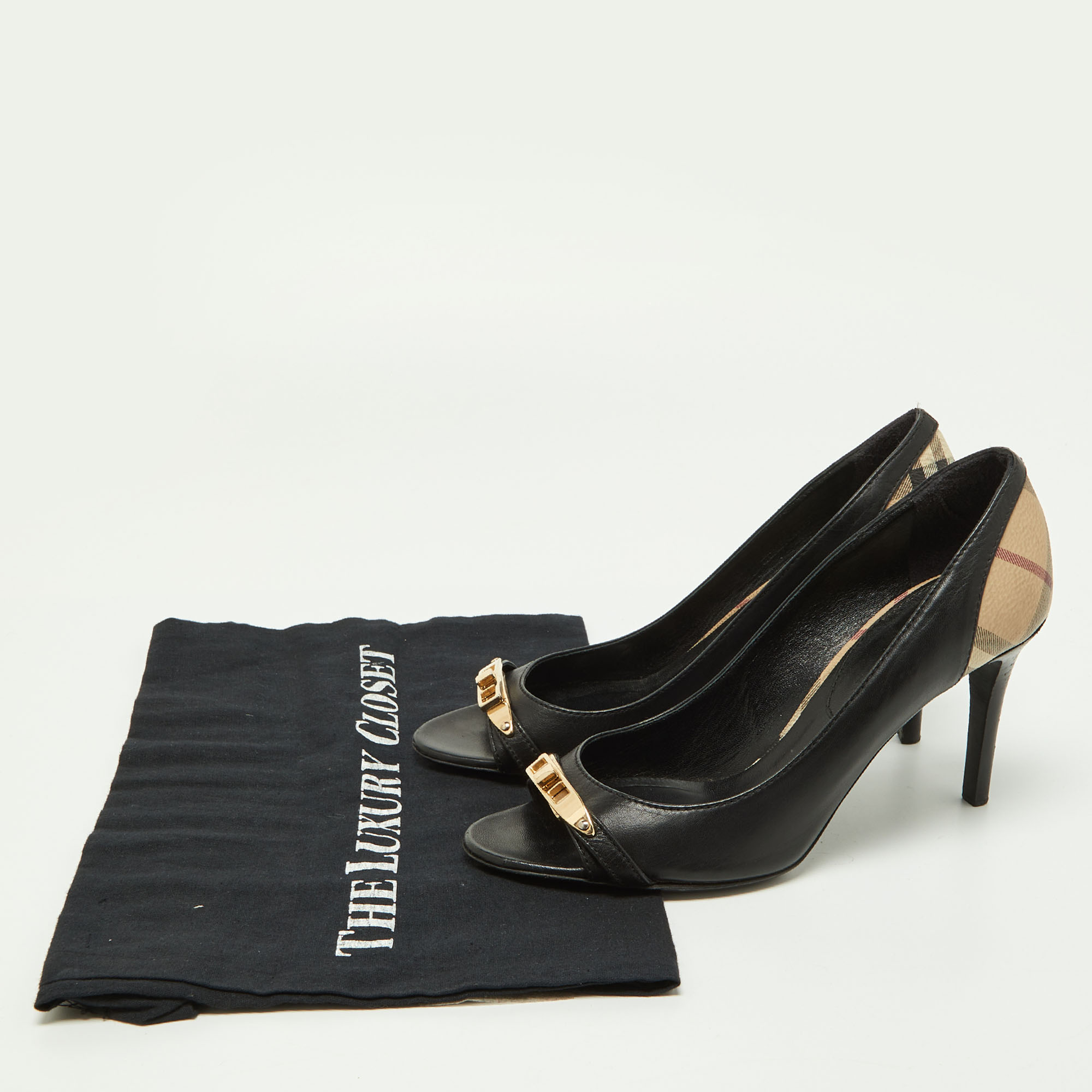 Burberry Black/Beige Leather And Check Coated Canvas Embellished Open Toe Pumps Size 37