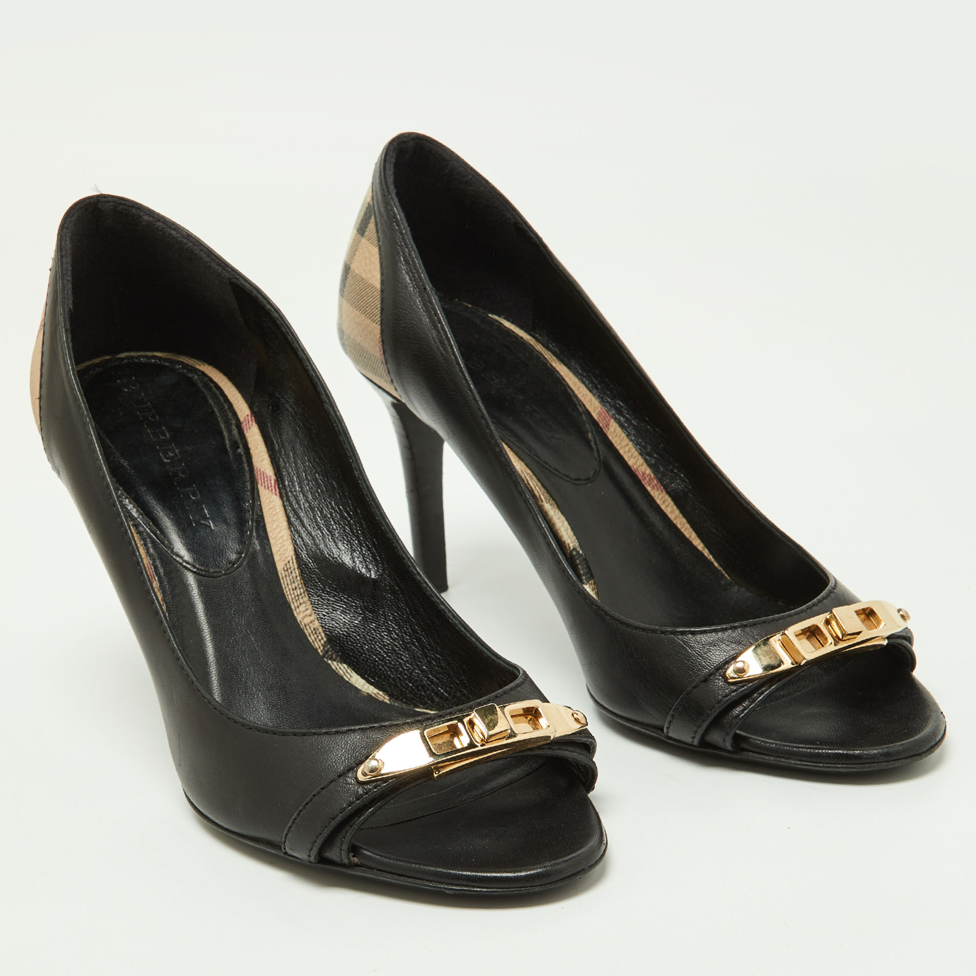 Burberry Black/Beige Leather And Check Coated Canvas Embellished Open Toe Pumps Size 37