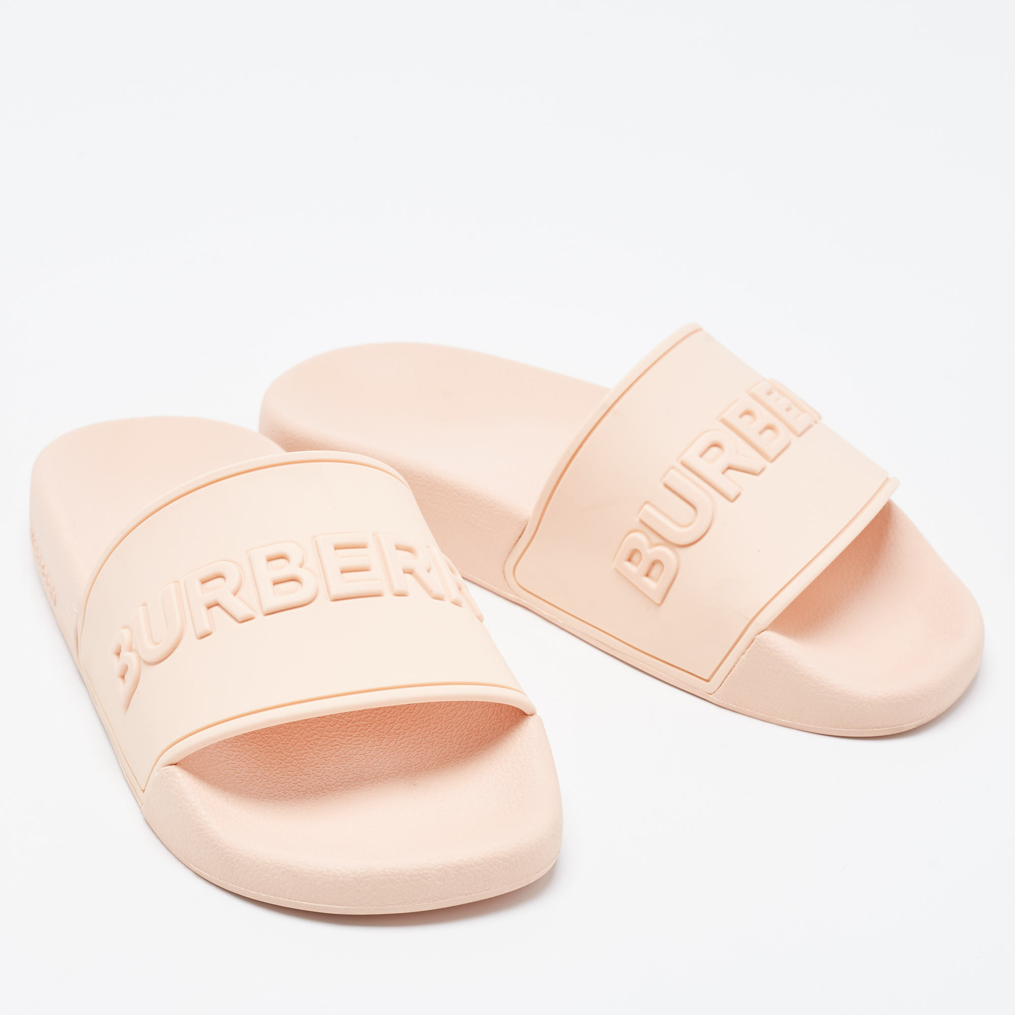 Burberry Peach Pink Rubber Logo Embossed Flat Slides Size 36