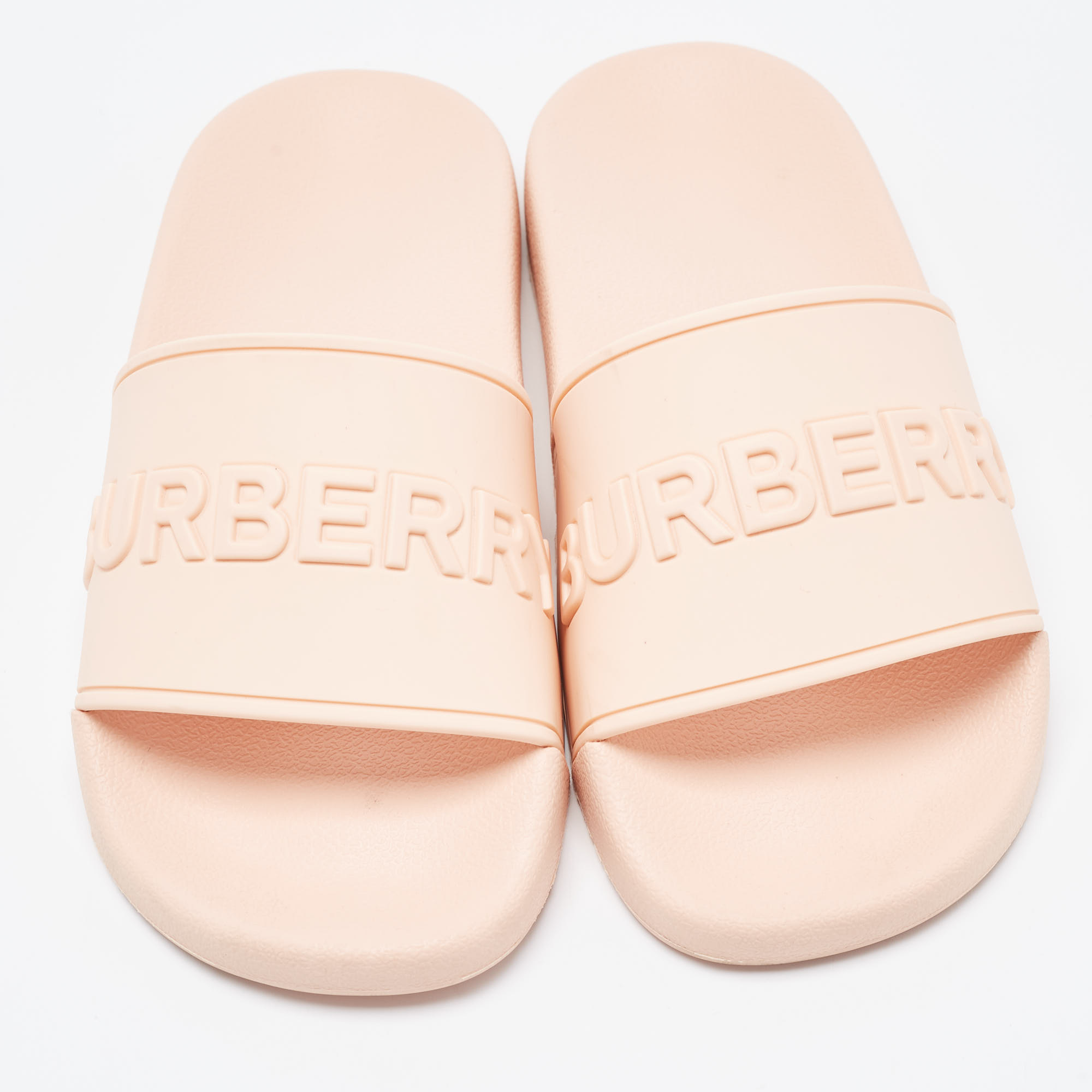 Burberry Peach Pink Rubber Logo Embossed Flat Slides Size 36