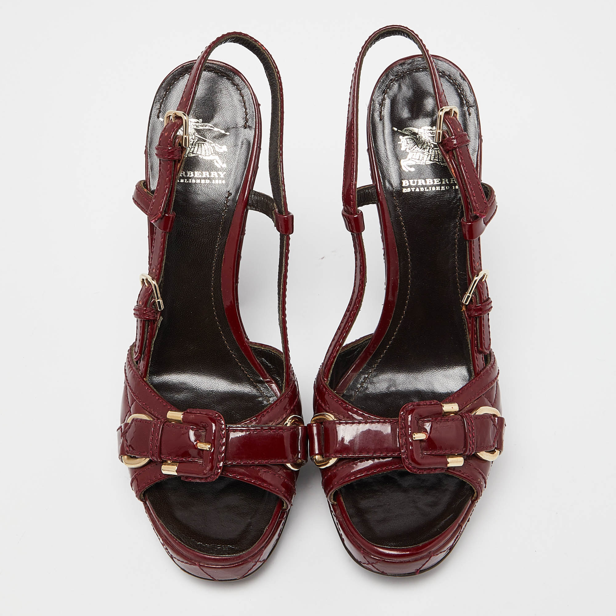 Burberry Burgundy Quilted Patent Leather Buckle Detail Platform Slingback Sandals Size 37