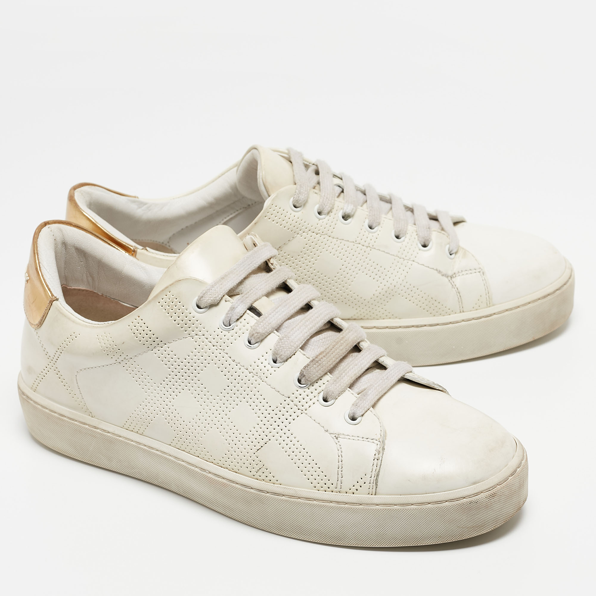 Burberry White/Gold Perforated Leather Westford Sneakers Size 38.5