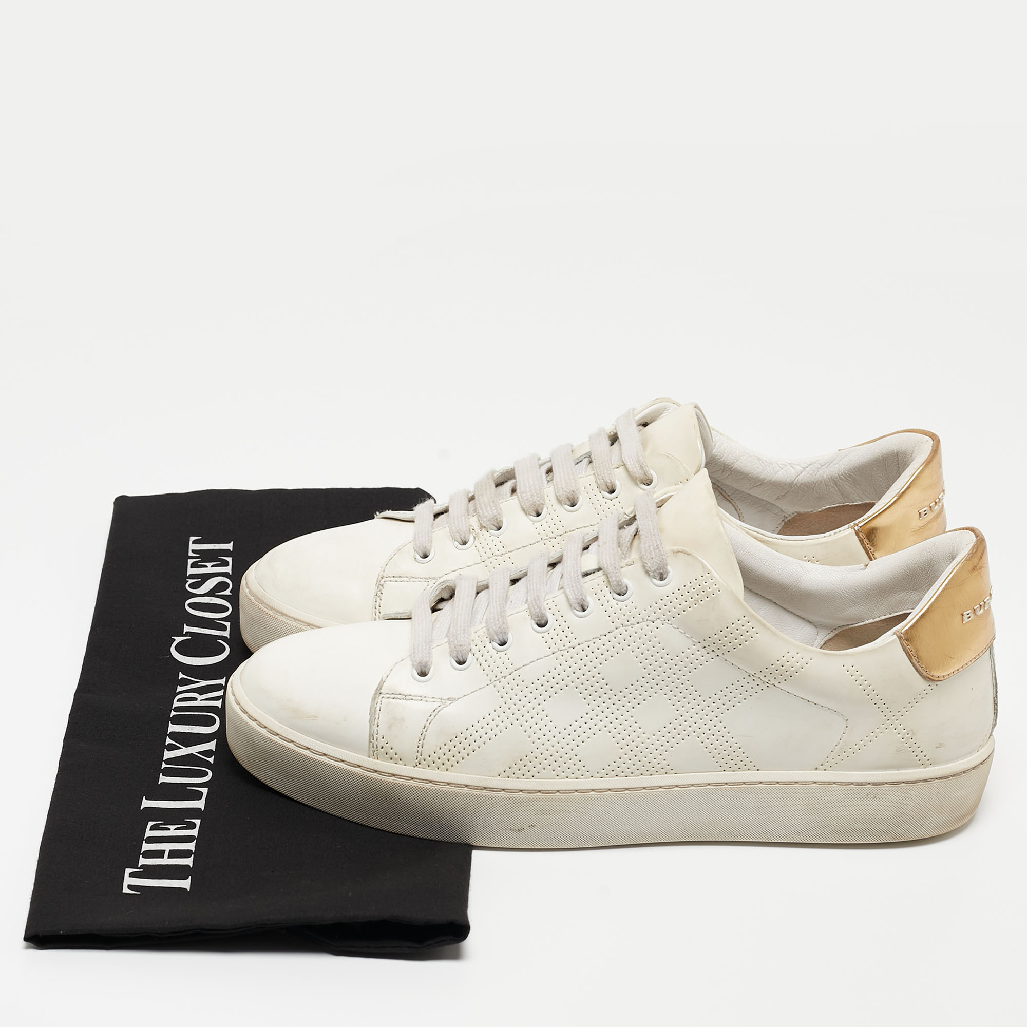 Burberry White/Gold Perforated Leather Westford Sneakers Size 38.5