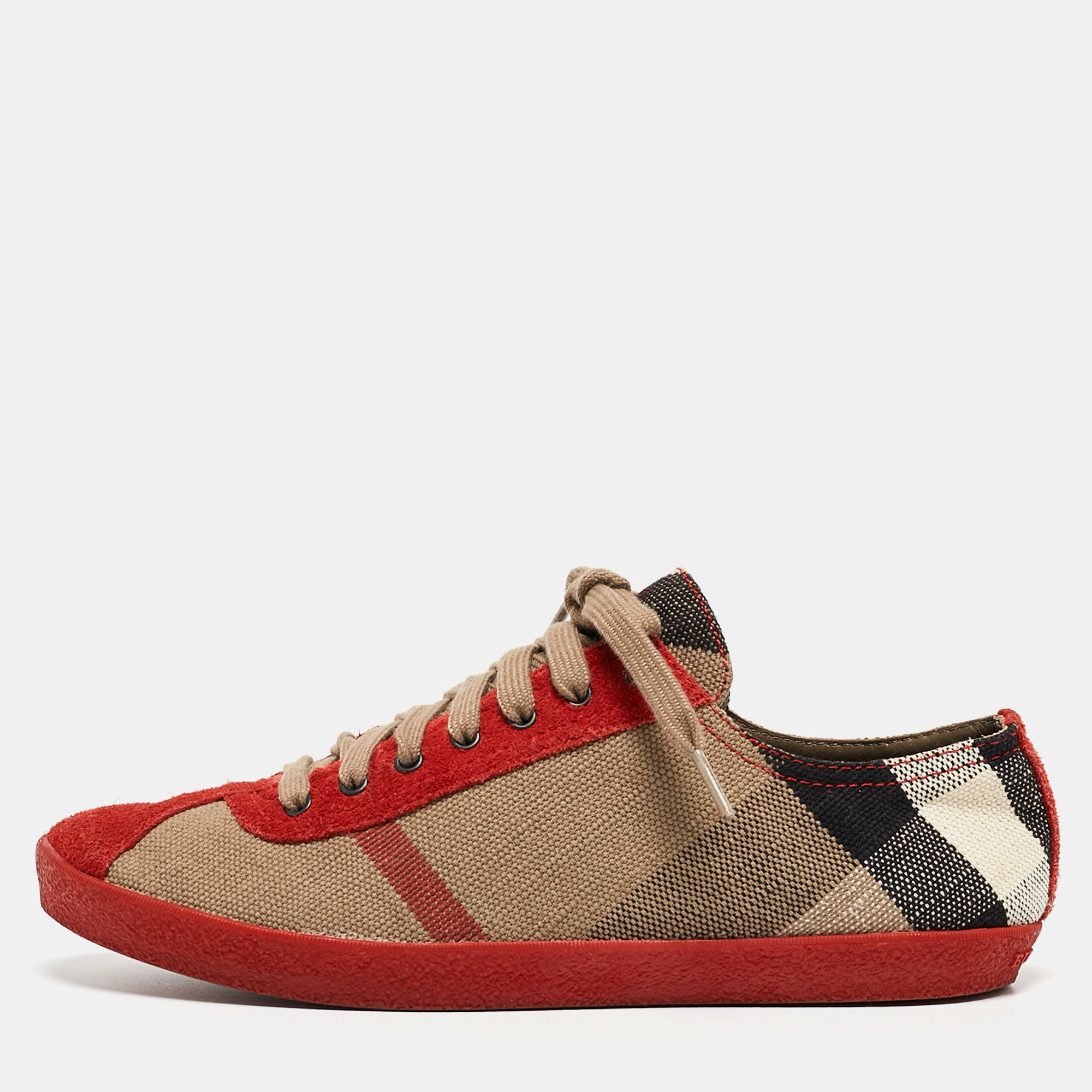 Burberry Red/Brown Suede And Nova Check Canvas Low Top Sneakers Size 37
