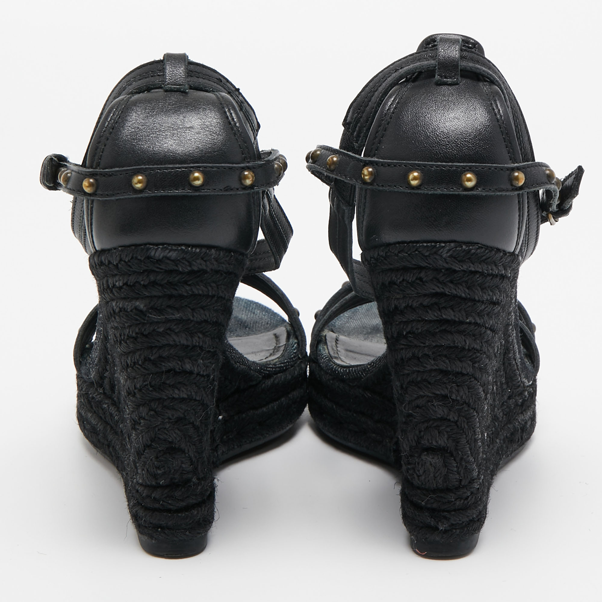 Burberry Black Leather And Denim Studded Platform Wedge Sandals Size 38.5