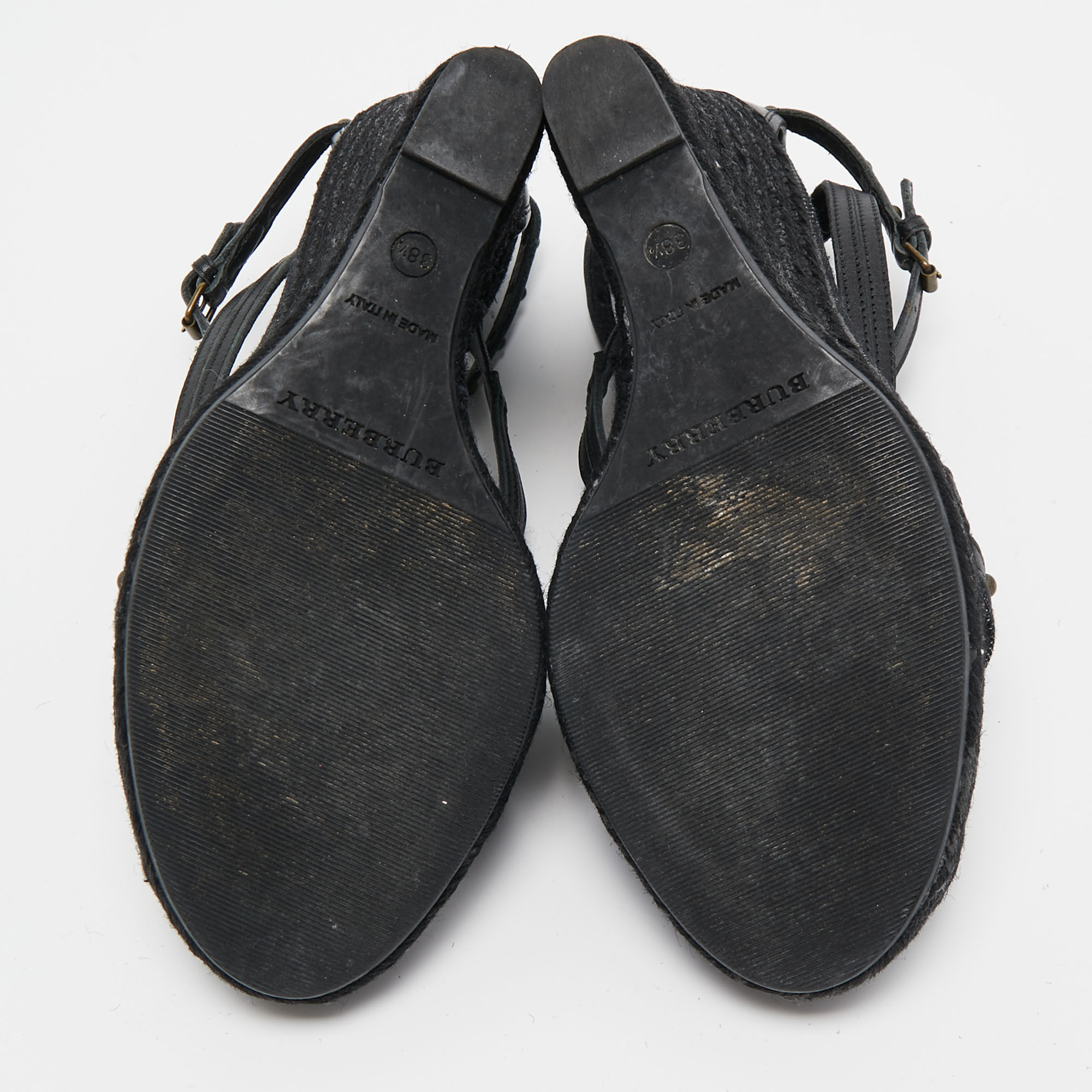Burberry Black Leather And Denim Studded Platform Wedge Sandals Size 38.5