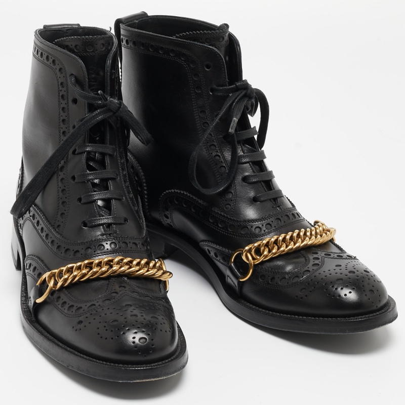 Burberry Black Brogue Leather Barksby Chain Detail Ankle Boots Size 40