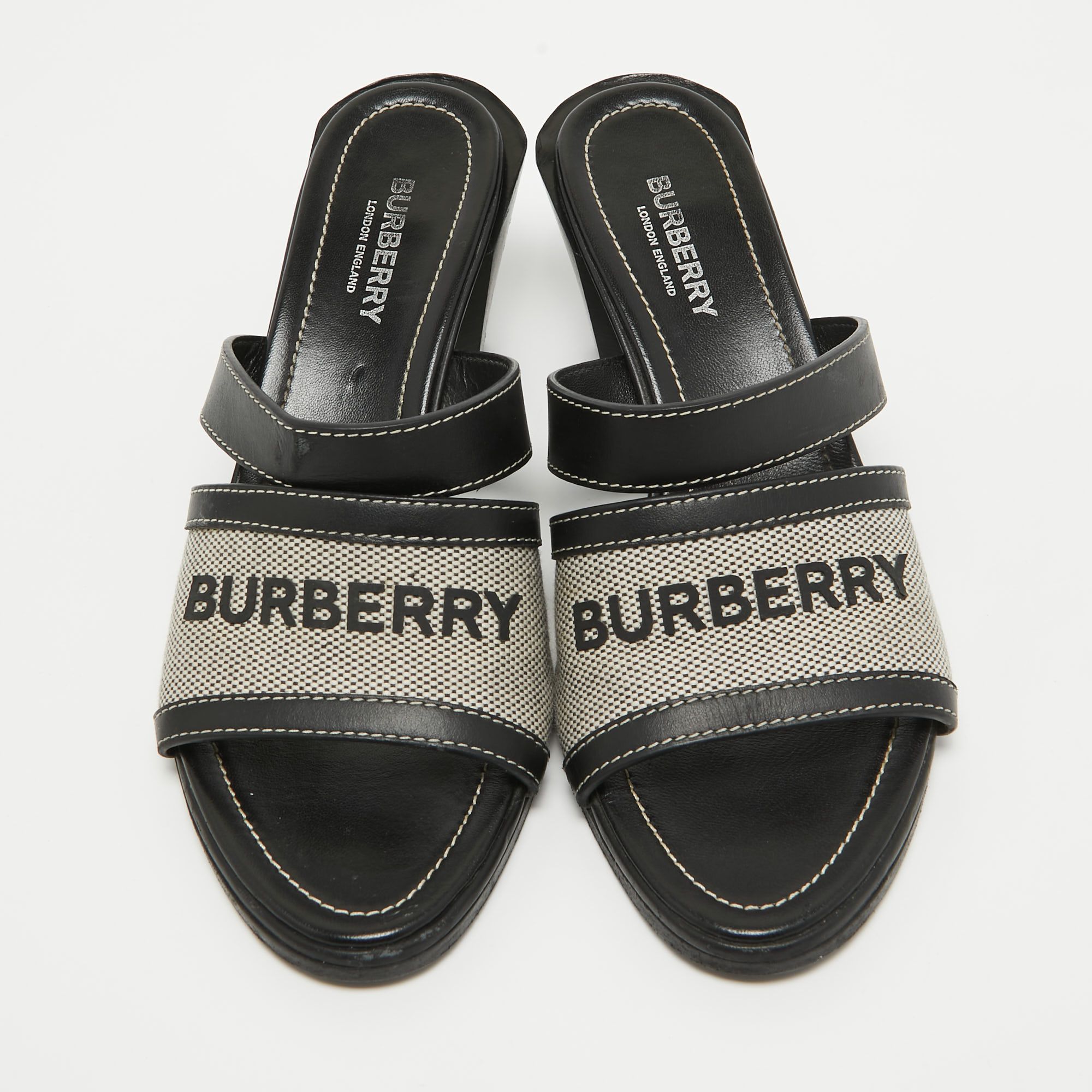 Burberry Black Leather And Canvas Honour Slide Sandals Size 37