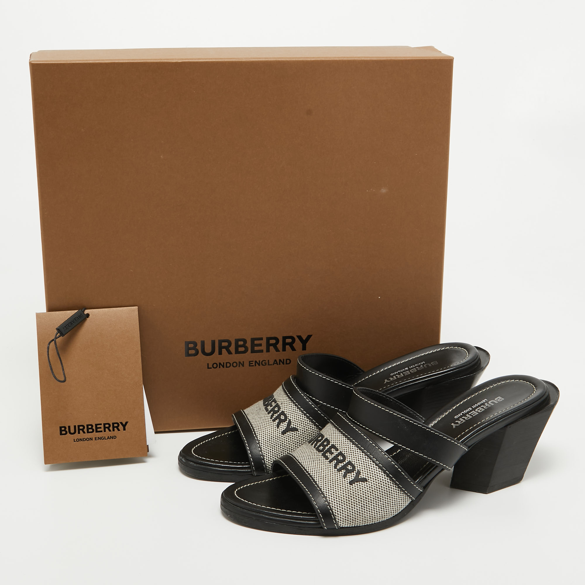 Burberry Black Leather And Canvas Honour Slide Sandals Size 37