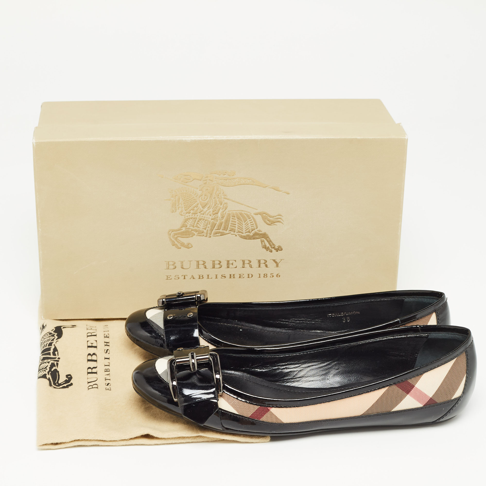 Burberry Black Patent Leather Coated Canvas Buckle Detail Ballet Flats Size 38