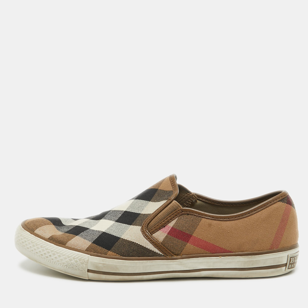 Burberry Brown/Beige House Check Canvas Slip On Sneakers Size 41