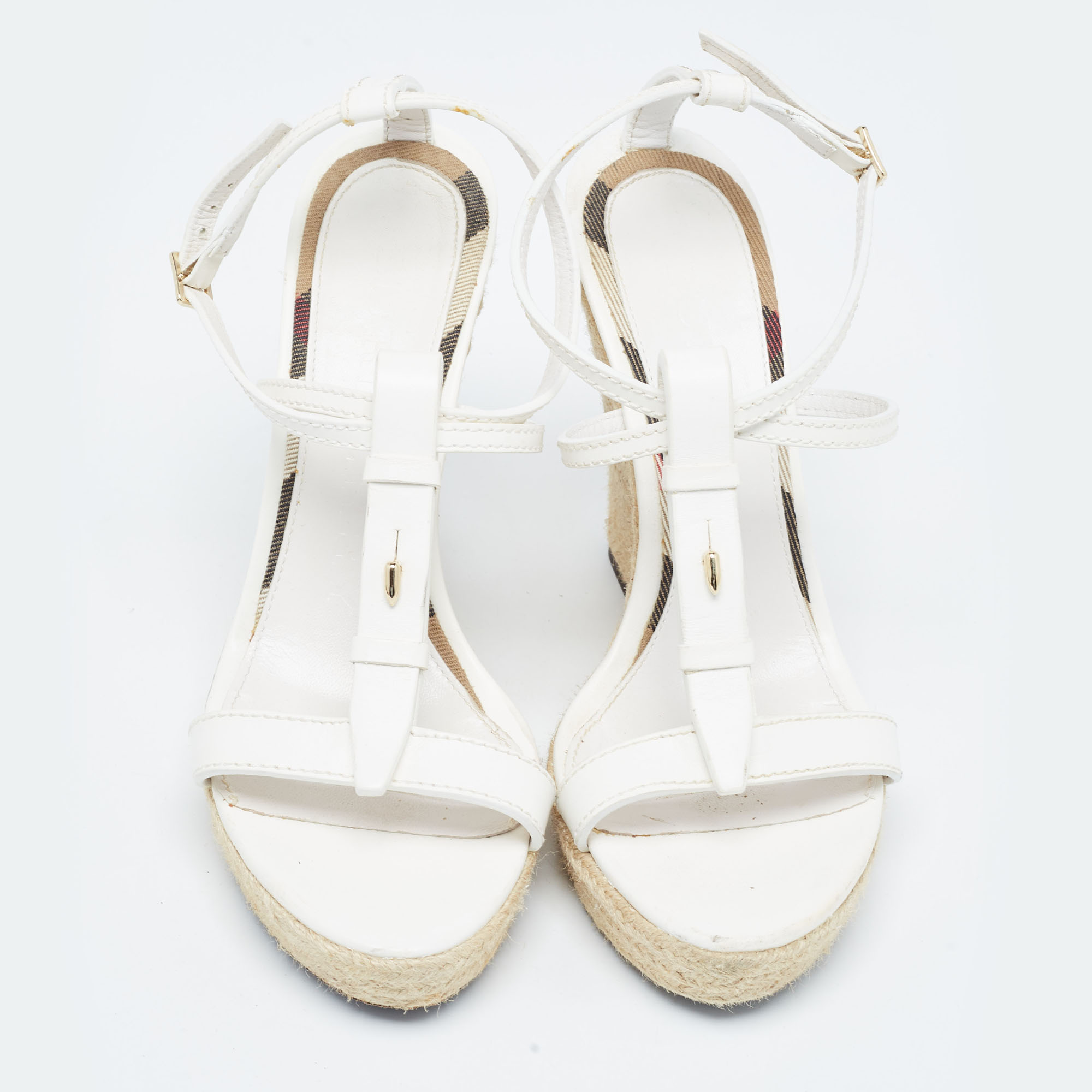 Burberry White Leather Wedge  Ankle Strap Sandals Size 39.5