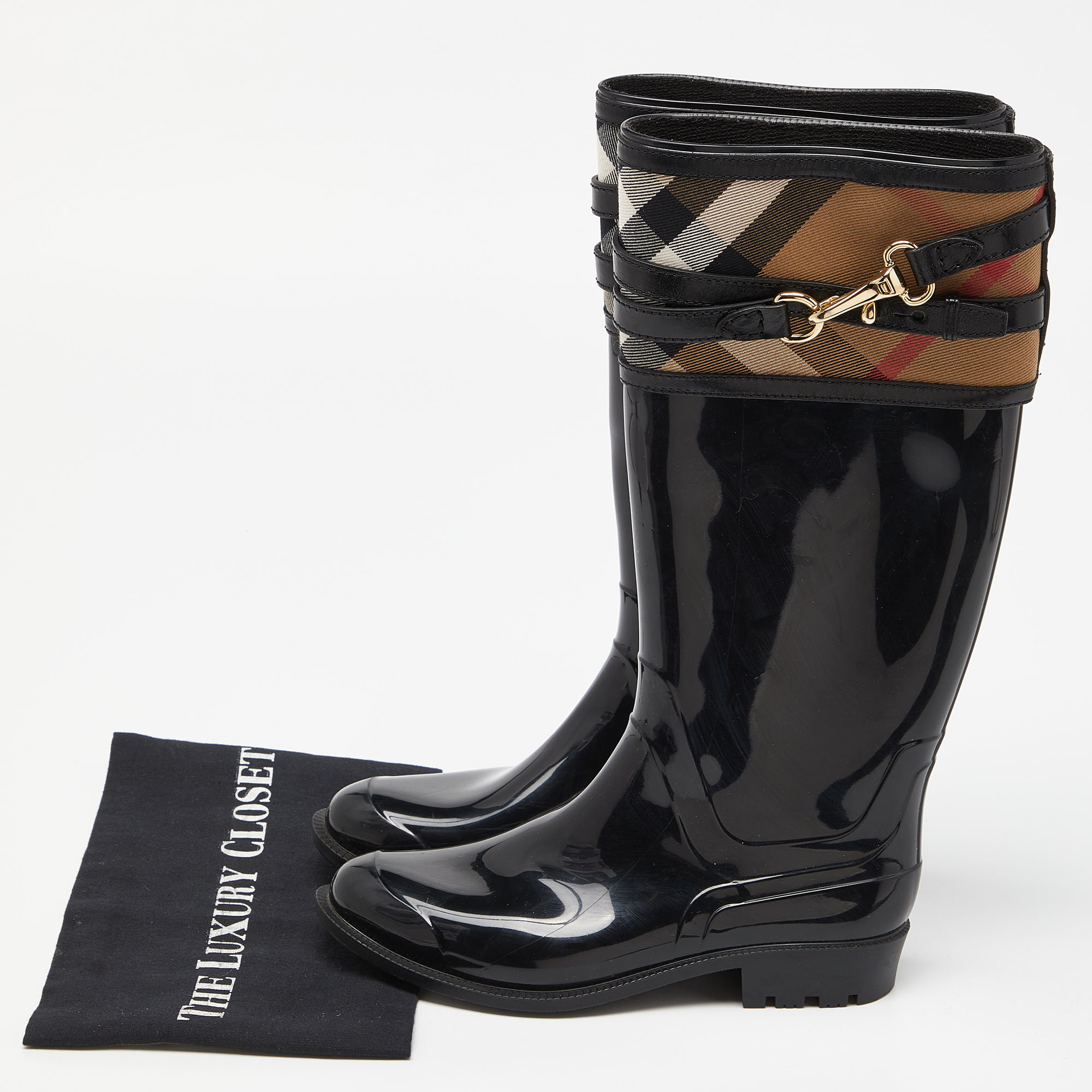 Burberry Black/Beige Patent Leather And House Check Canvas Knee Length Boots Size 35