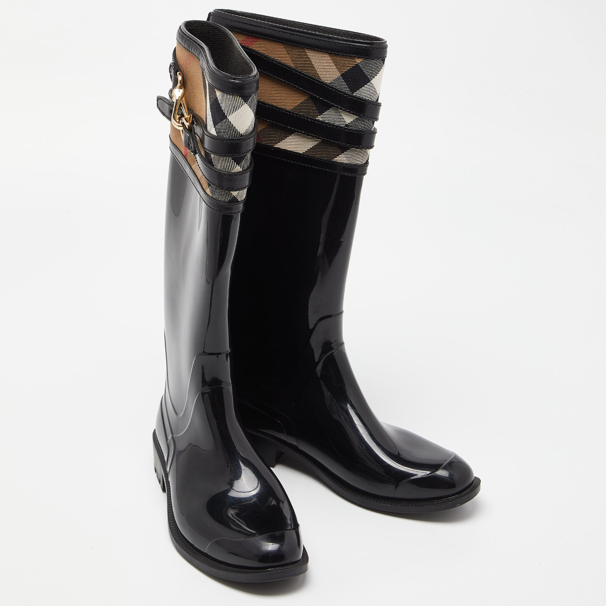 Burberry Black/Beige Patent Leather And House Check Canvas Knee Length Boots Size 35