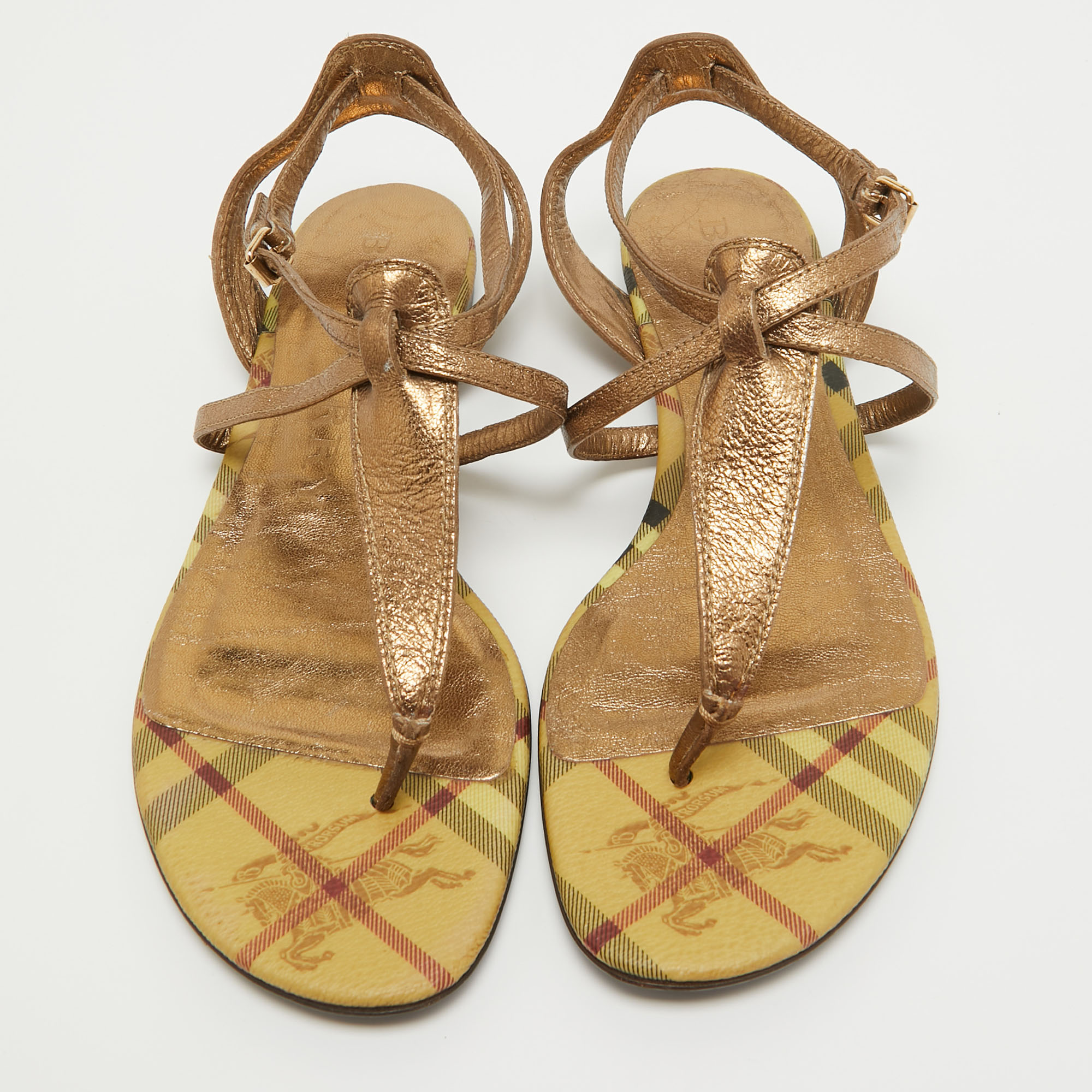 Burberry Metallic Gold Leather Thong Ankle Strap Flat Sandals Size 39