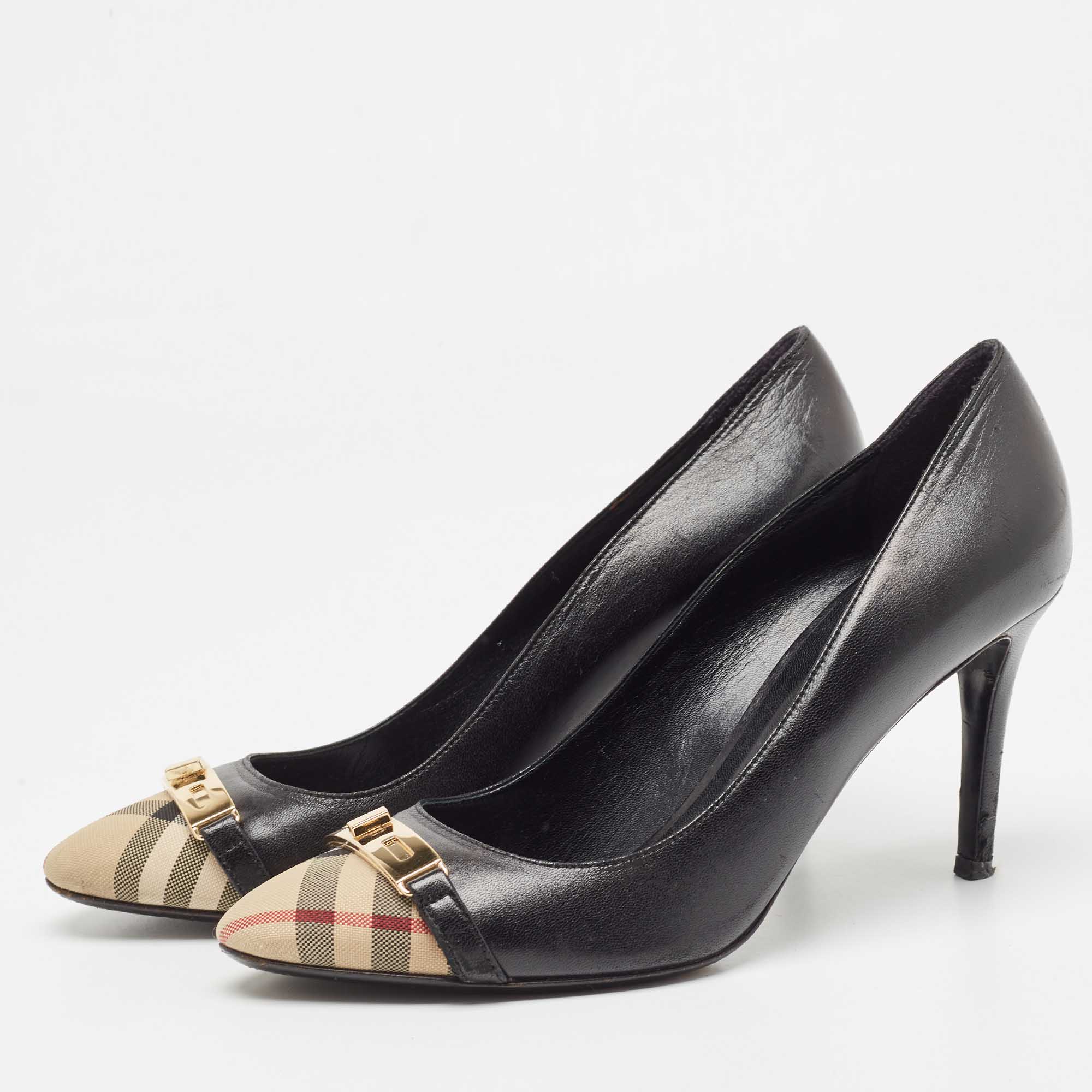 Burberry Black Canvas And Leather Pointed Toe Pumps Size 39.5