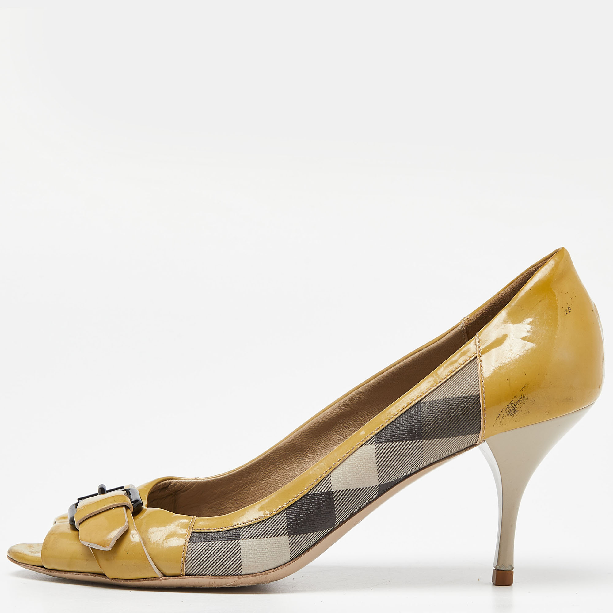 Burberry grey/yellow smoked check pvc and patent leather embellished open toe pumps size 39