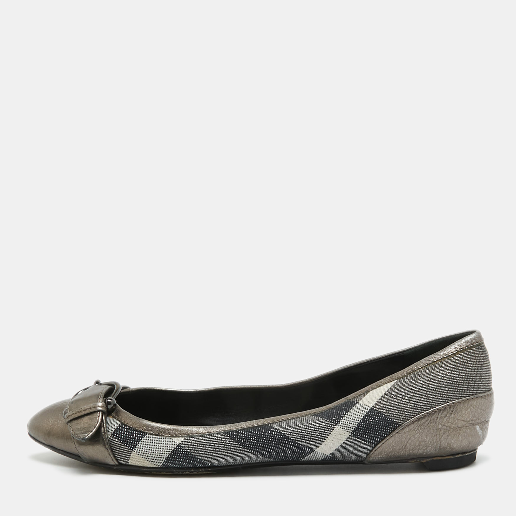 Burberry metallic leather and glitter nova check canvas pointed toe flats size 38