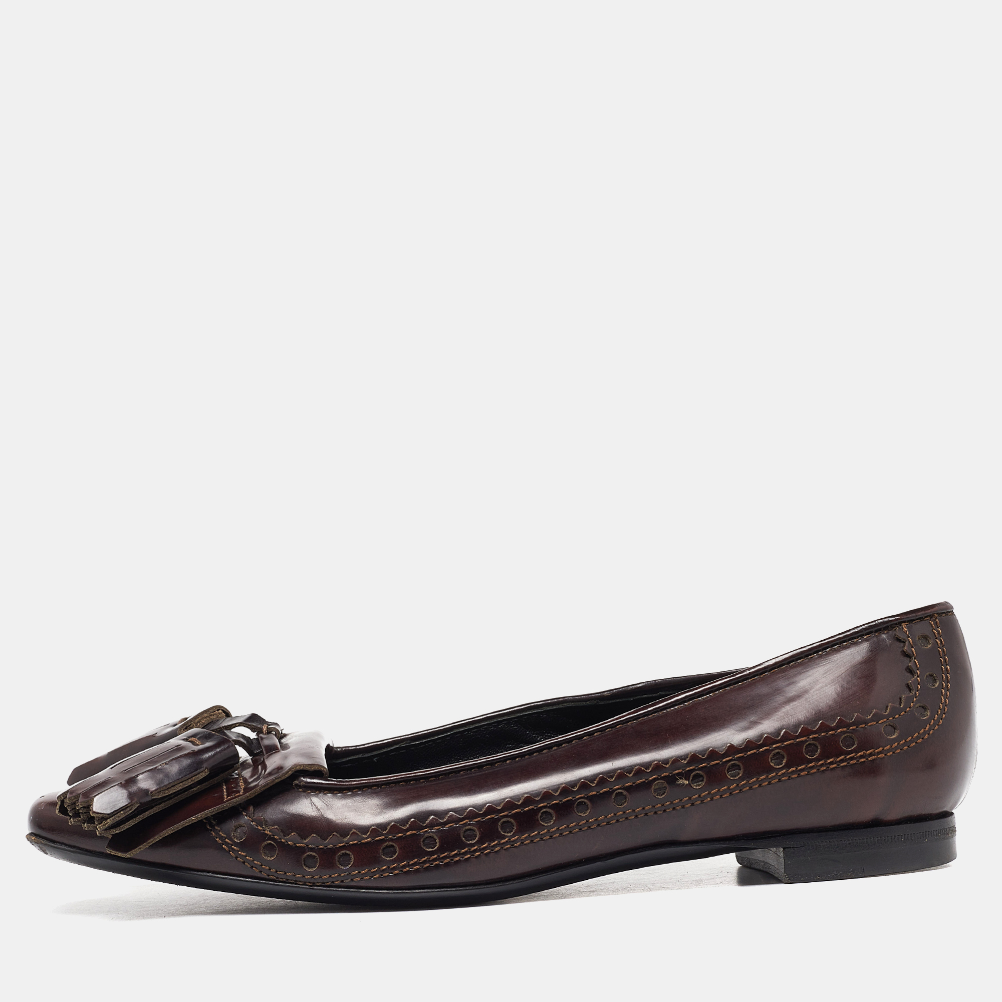 Burberry burgundy brogue leather tassel fringe details loafers size 38