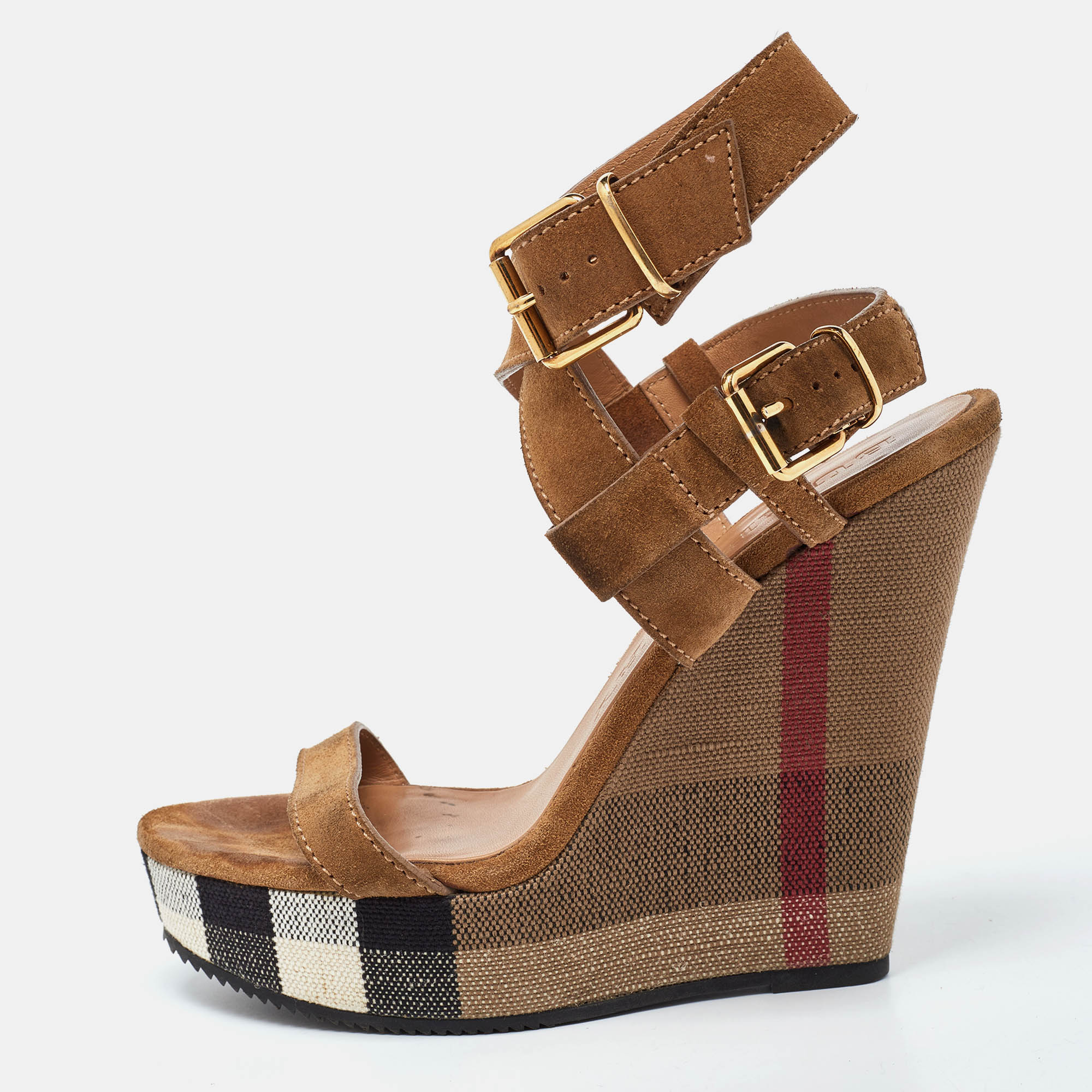 Burberry brown nova check canvas and suede warlow platform wedge sandals size 38