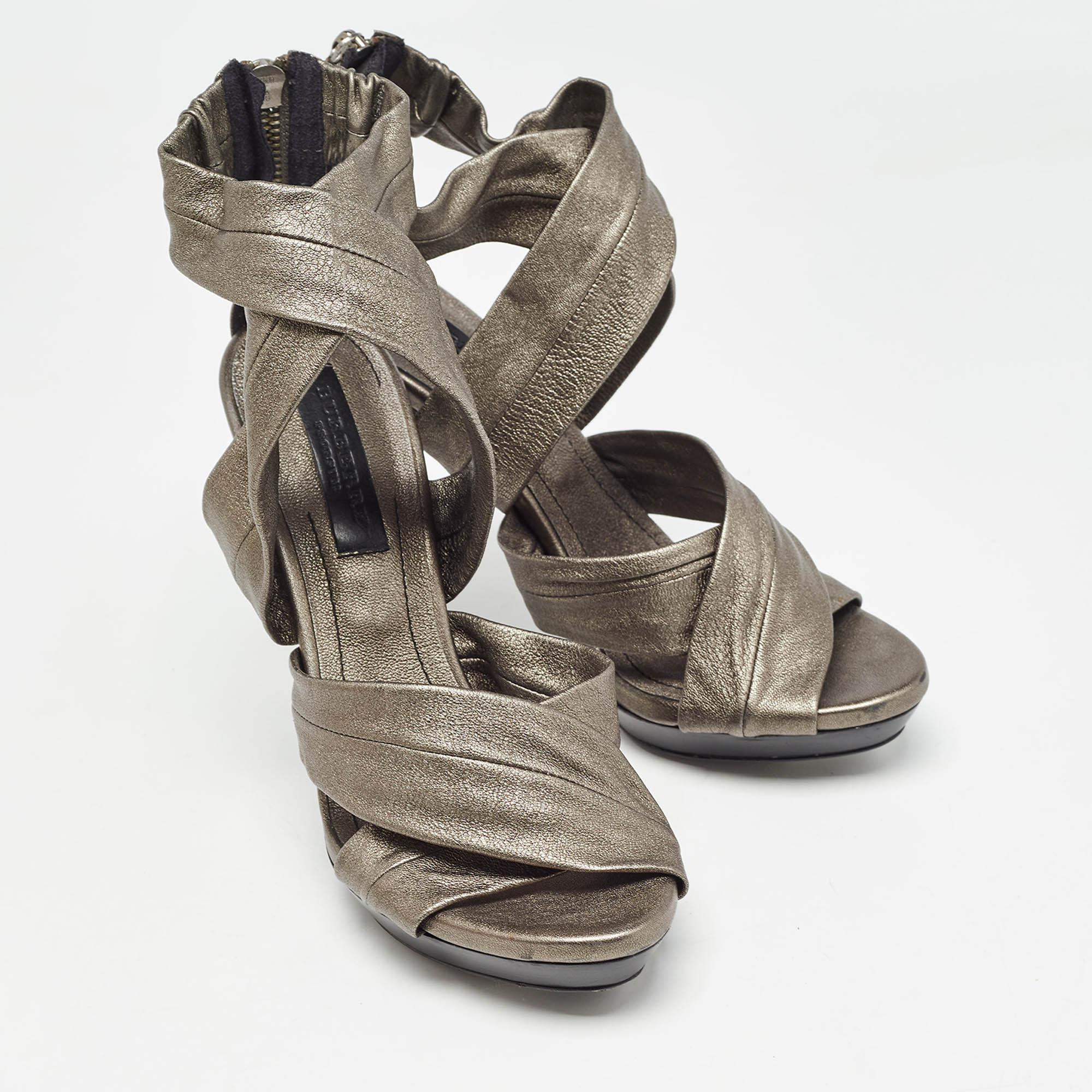 Burberry Grey Leather Platform Ankle Wrap Sandals Size 39