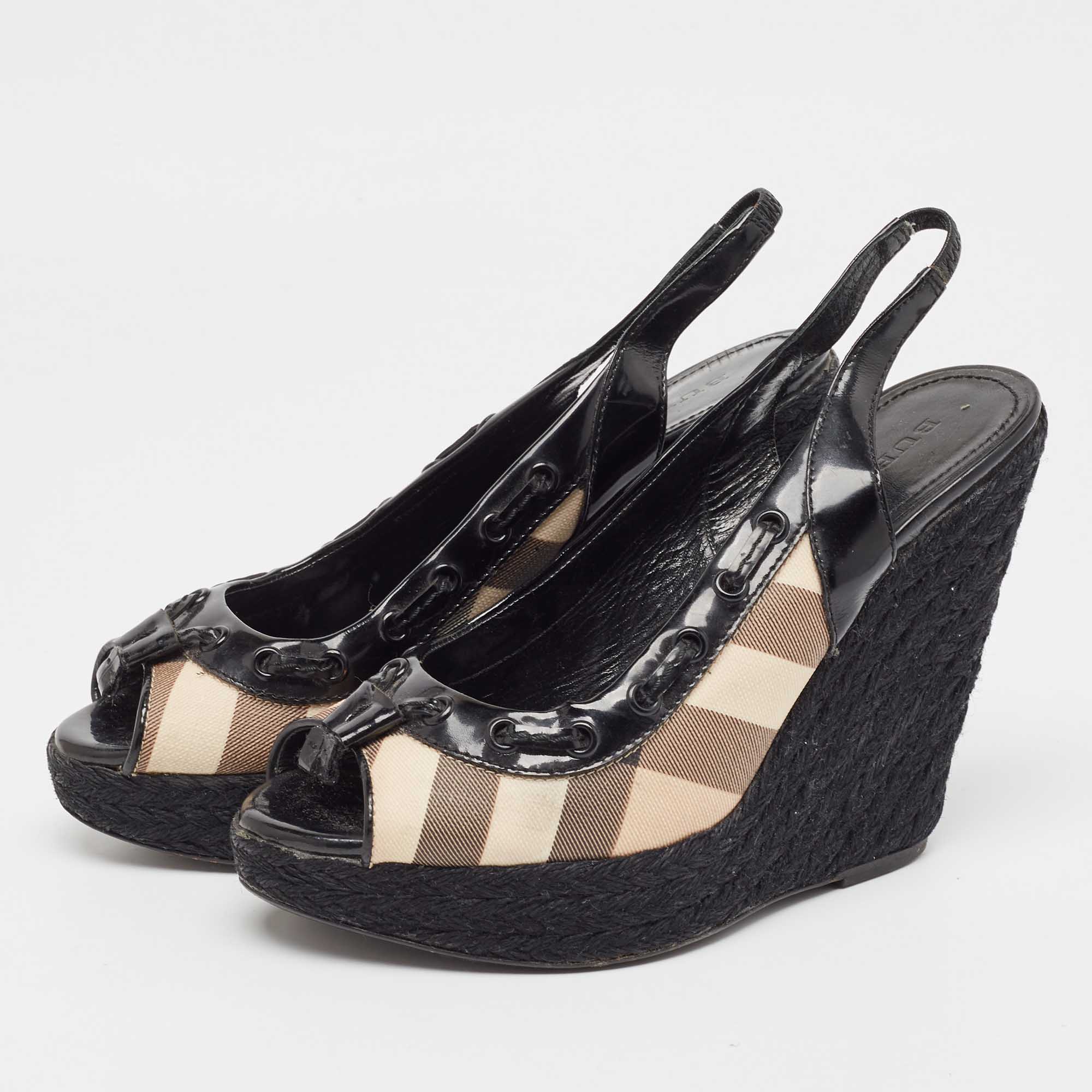 Burberry  Black/Beige Canvas And Patent Wedge Sandals Size 39