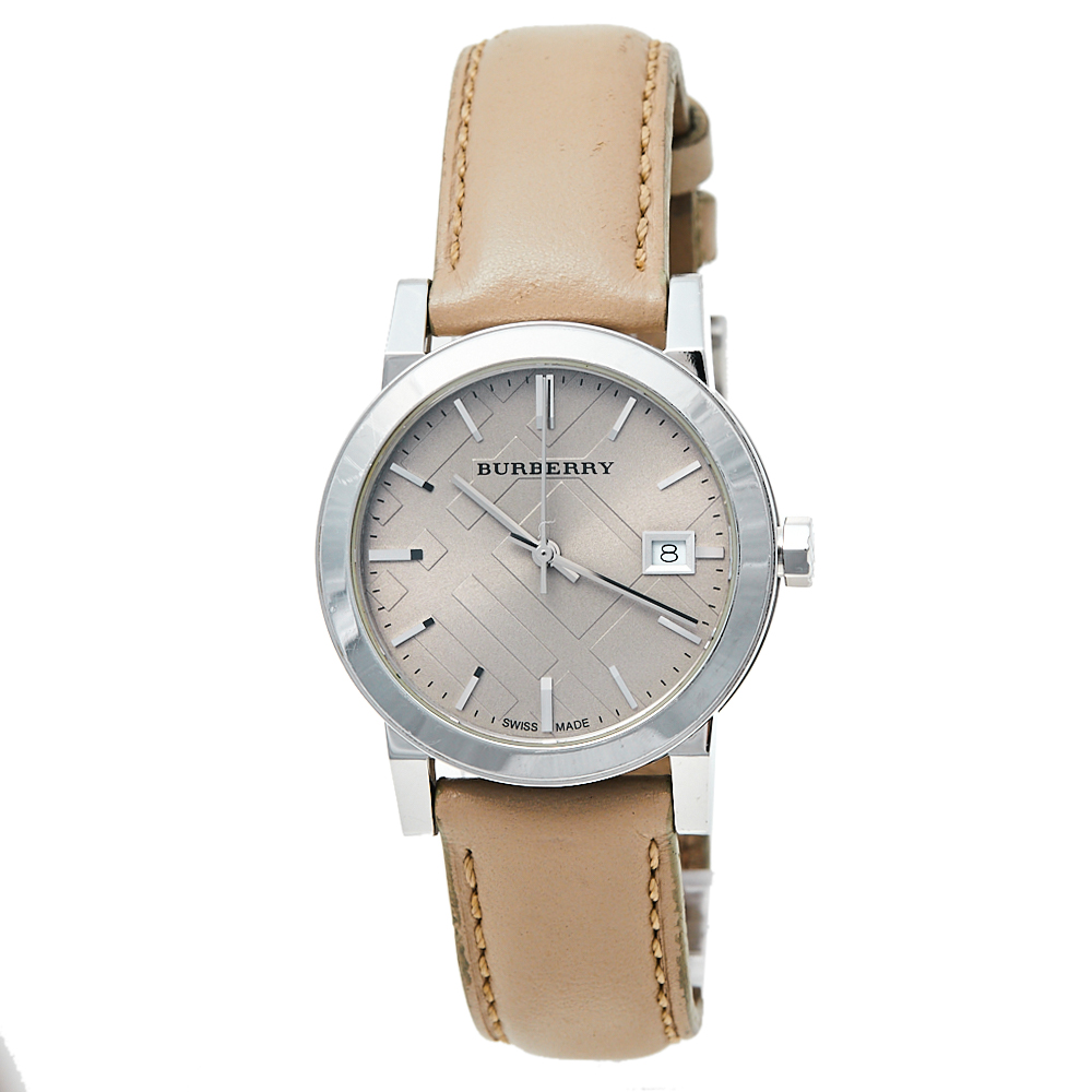 Burberry Beige Stainless Steel Check Dial Leather BU9107 Women's Wristwatch 34 mm