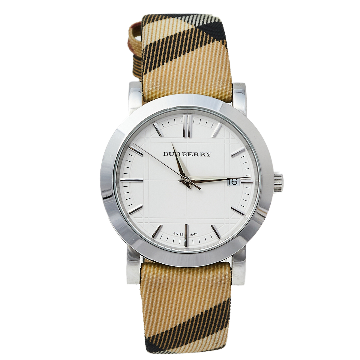 Burberry White Novacheck Canvas Leather Stainless Steel The City BU1390 Women's Wristwatch 32 mm