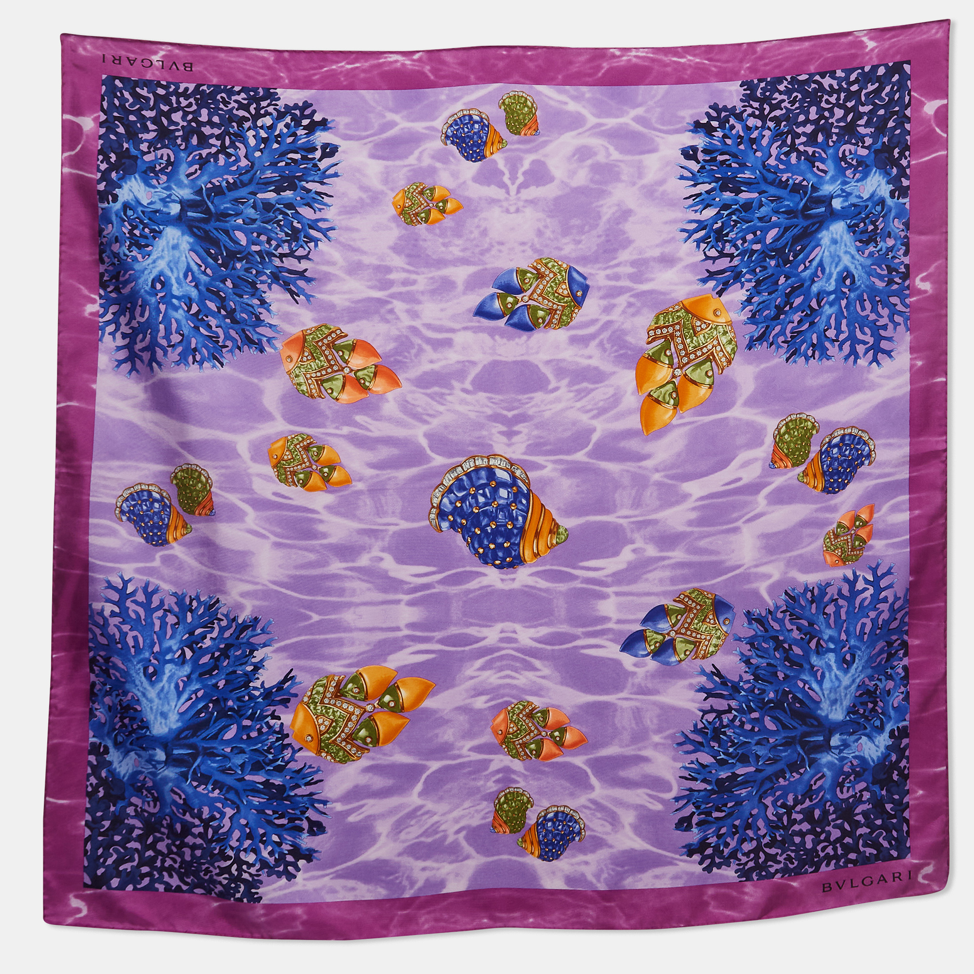 Bvlgari Purple Ocean Print Silk Square Scarf