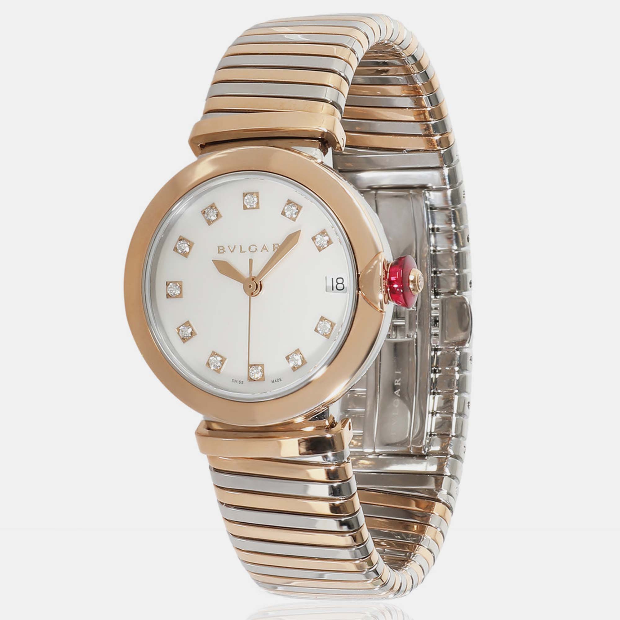 

Bvlgari White Mother Of Pearl 18k Rose Gold Stainless Steel Lvcea 102954 Automatic Women's Wristwatch 33 mm