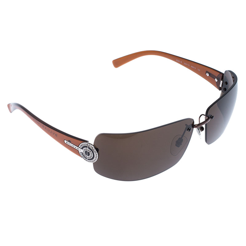 Image of Bvlgari Brown Crystal Embellished -B Rimless Sunglasses